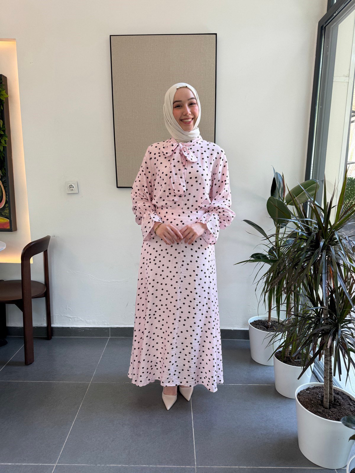 Puantiye Tensel Etek Takım - Pembe