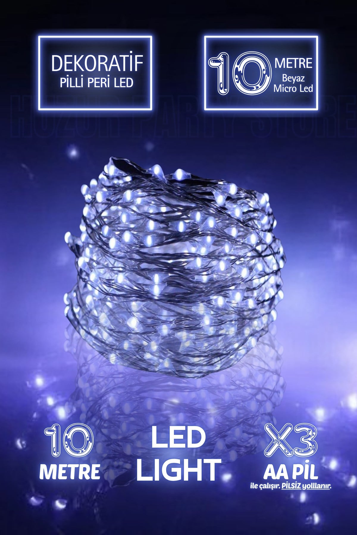10 Metre Beyaz Renkli Ramazan Bayramı Işığı Süsü Peri Led Işık Dekoratif Pilli 3 Fonksiyonlu Lamba