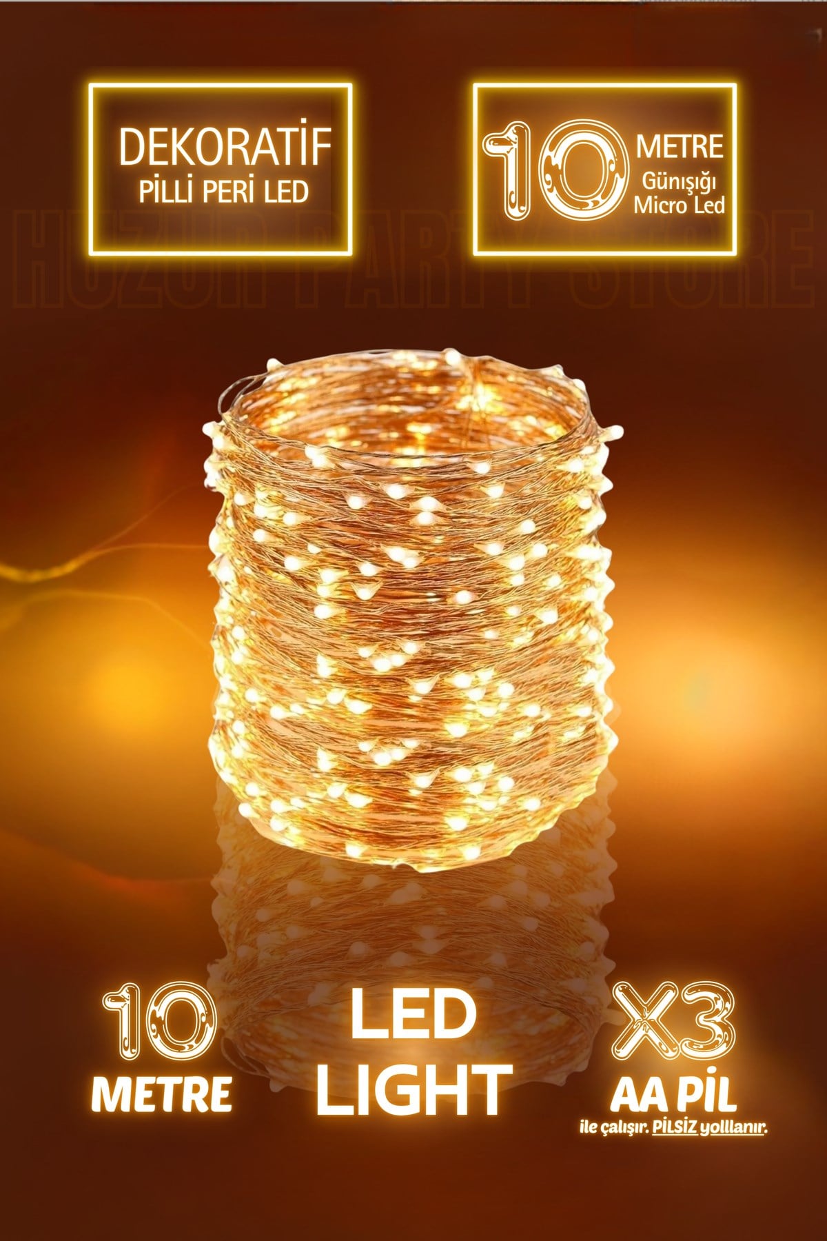 10 Metre Günışığı Ramazan Bayramı Işığı Dini Süsü Peri Led Işık Sarı Pilli Ledli Gece 3 Fonksiyon
