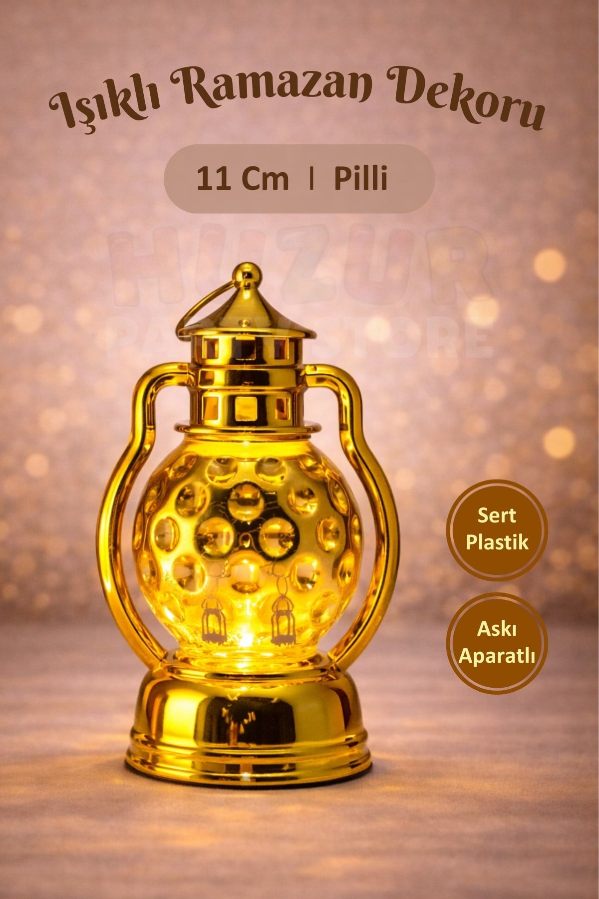 11 Cm Işıklı Ramazan Feneri Süsü İslami Desenli Gold Pilli Sert Plastik Askılı Ramazan Dekoratif Süs