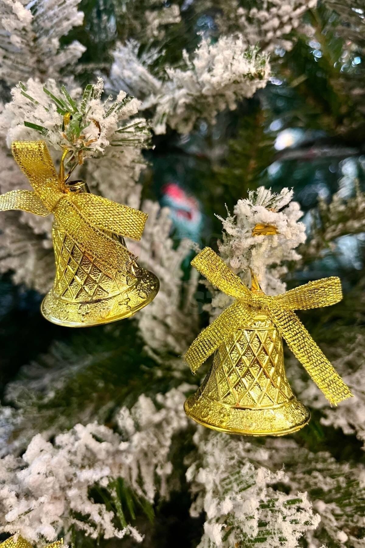 12 Li Çan Süs 4x3.5 Cm Gold Renk Altın Sarısı Kurdele Fiyonklu Yılbaşı Çam Ağacı Süsü Yeni Yıl Ağaç