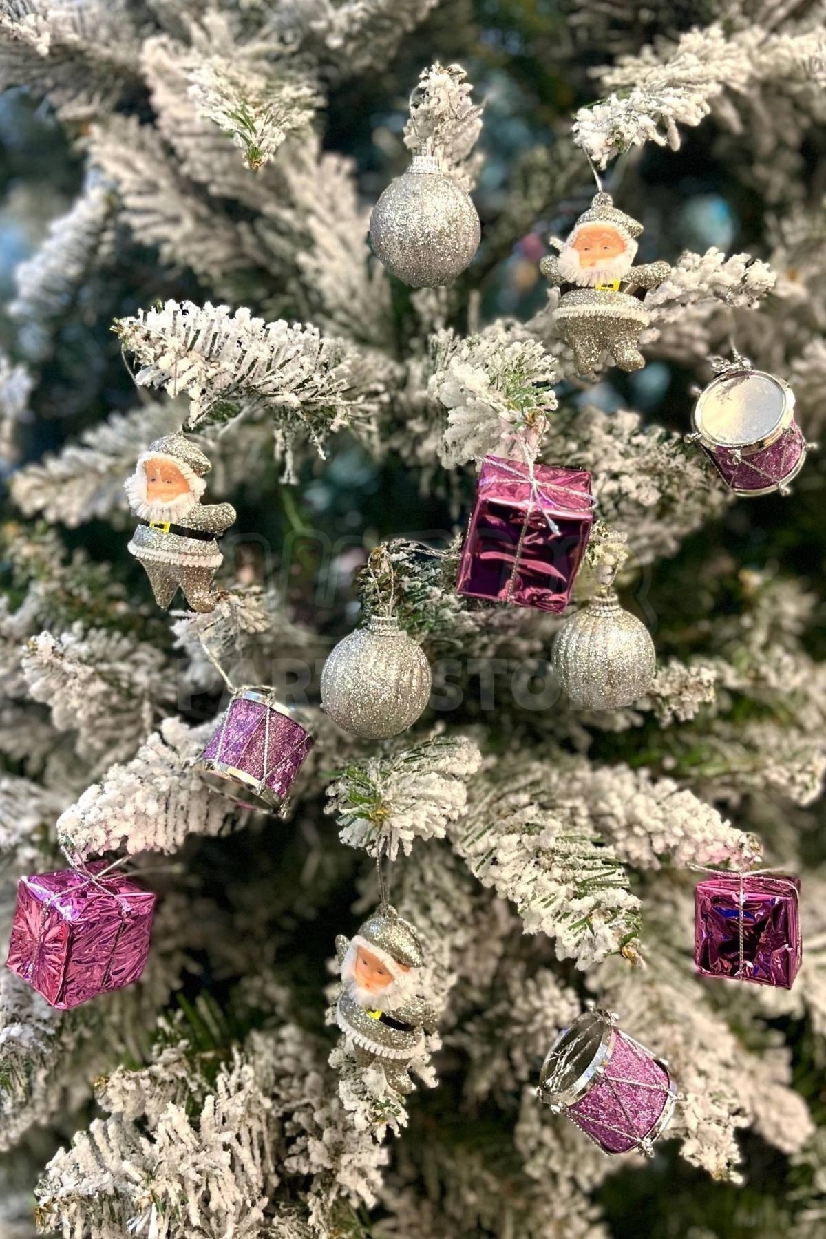 12li Pembe Gümüş Renkli Karma Set Yılbaşı Çam Ağacı Süsü Noel Baba Davul Hediye Paketi Cici Top
