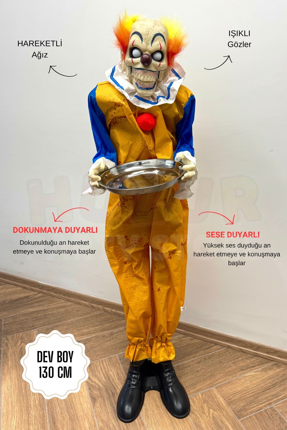 130 cm Ağzı Hareketli Gözleri Işıklı Konuşan Palyaço Joker Şekerlik Halloween Cadılar Bayramı Dekoru