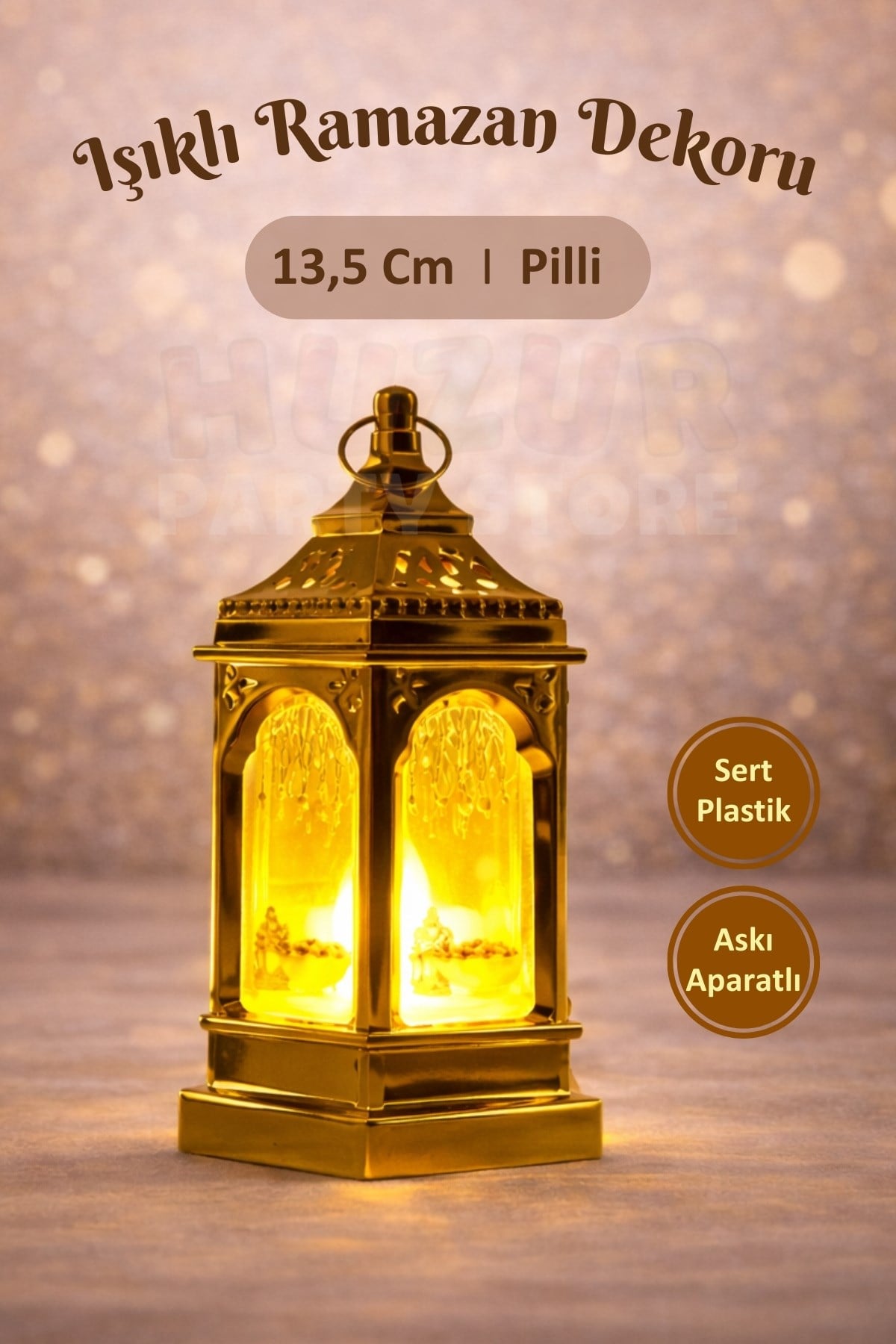 13,5 Cm Işıklı Ramazan Feneri Hurma Fener Desenli Gold Pilli Sert Plastik Askılı Ramazan Dekoru Süsü