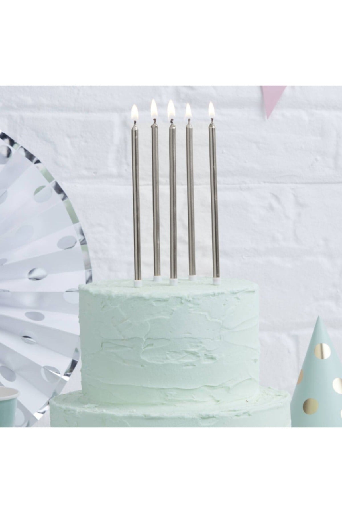 14 Cm Gümüş Varaklı Mum 6lı Gri Silver Ince Uzun Doğum Günü Parti Süsü Pasta Yaş Mumu Ve Altlığı