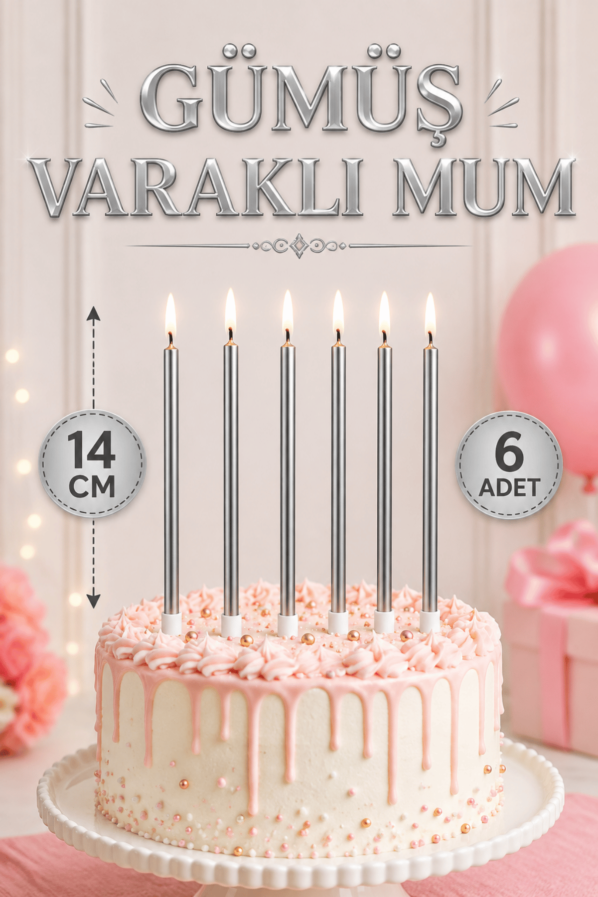 14 Cm Gümüş Varaklı Mum 6lı Gri Silver Ince Uzun Doğum Günü Parti Süsü Pasta Yaş Mumu Ve Altlığı