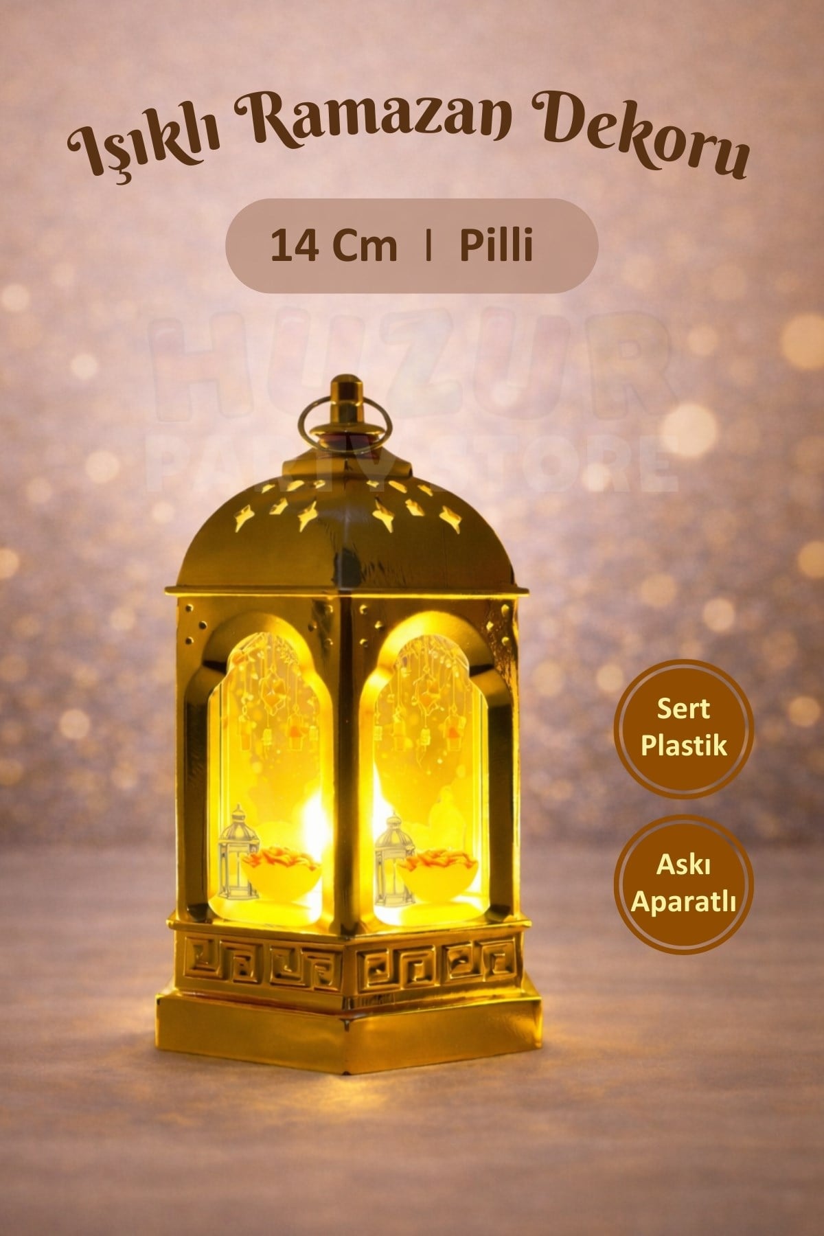 14 Cm Işıklı Ramazan Feneri Hurma Fener Desenli Gold Pilli Sert Plastik Askılı Ramazan Dekoru Süsü