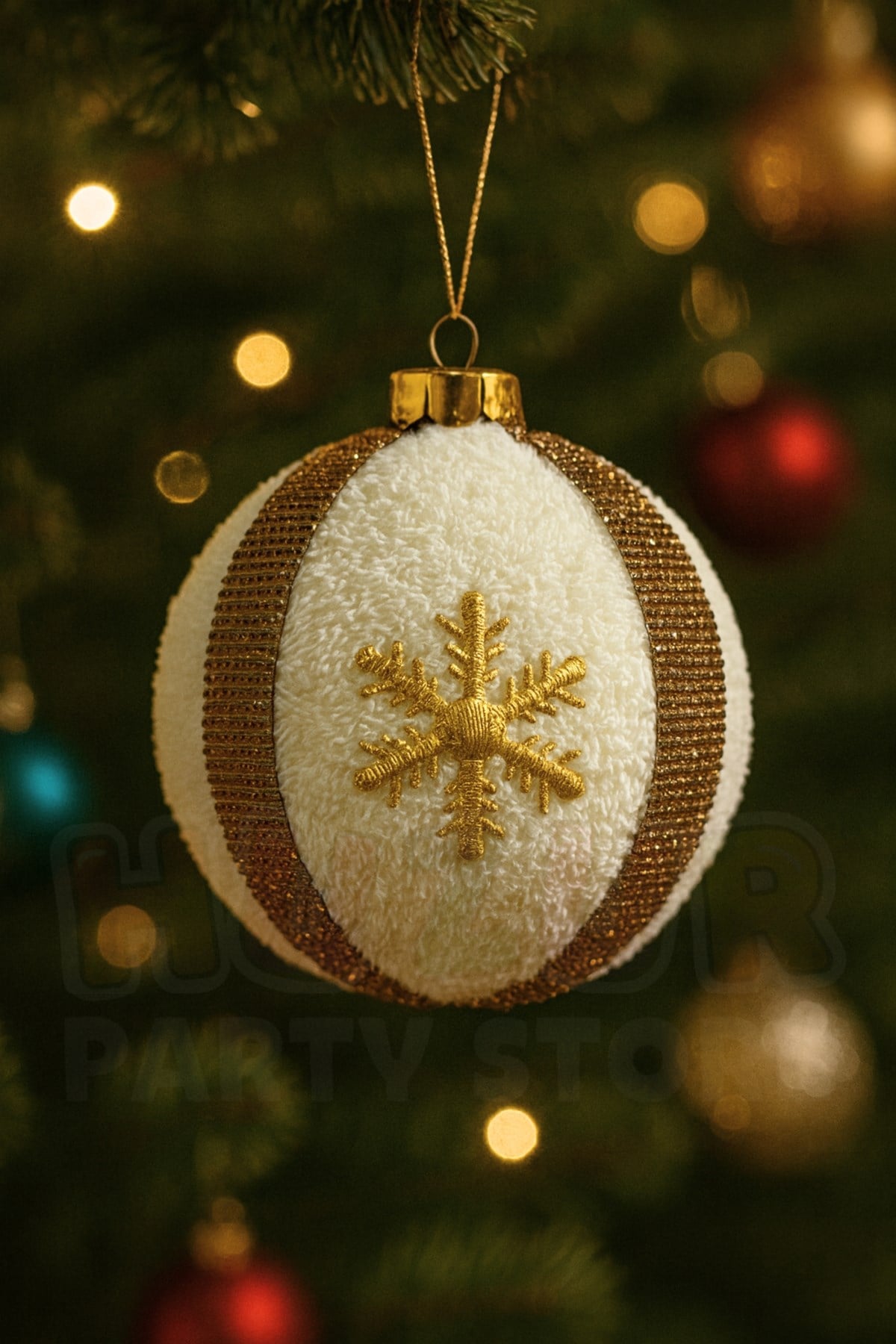 15 Cm Peluş Top Işıltılı Gold Şeritli Yılbaşı Ağaç Süsü Kar Tanesi Desenli Büyük Çam Ağacı Süs