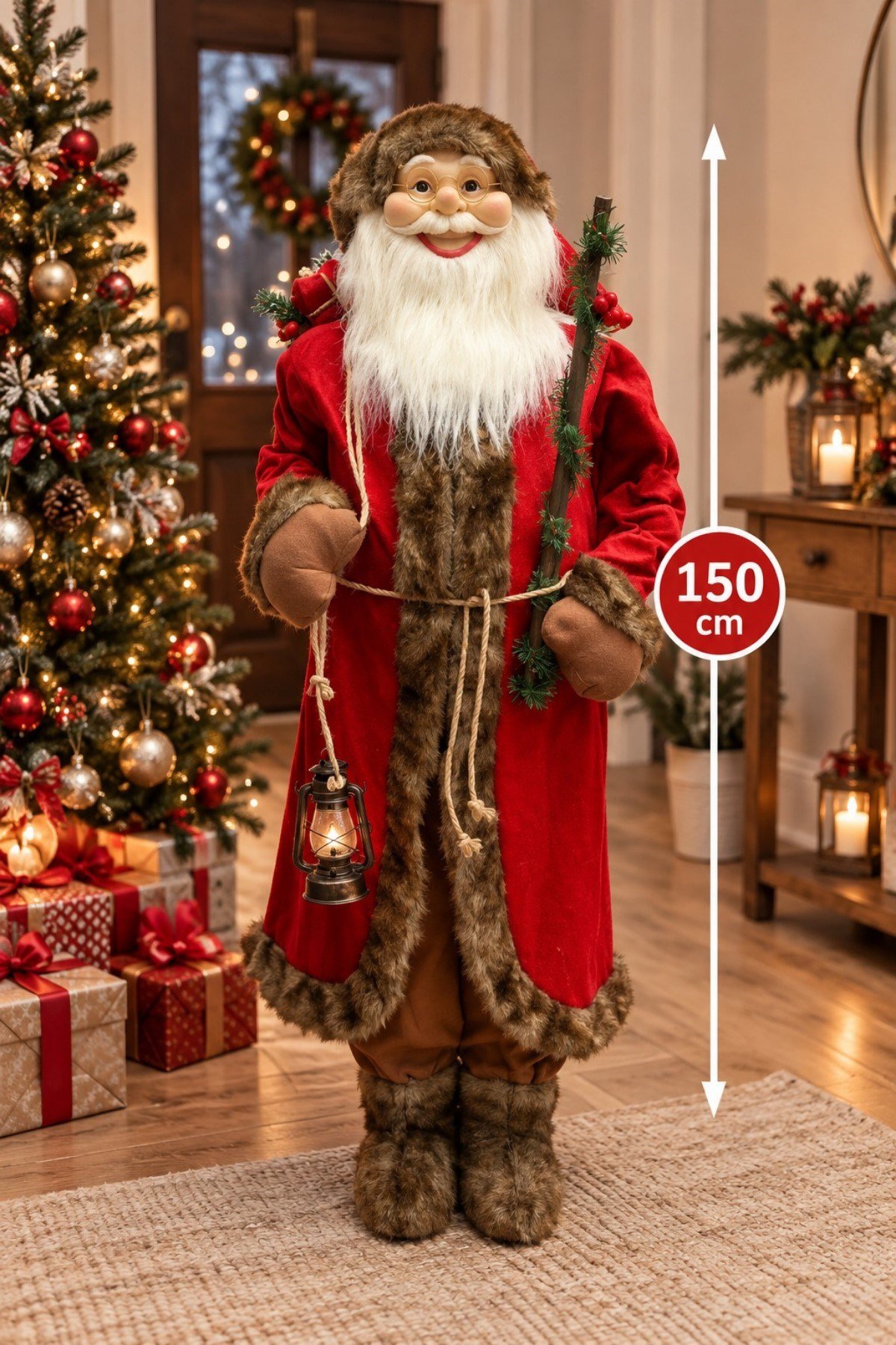 150 Cm Mega Boy Noel Baba Figürü Özel Prime Seri Kırmızı Kürklü Yılbaşı Yeni Yıl Çam Ağacı Dekoru