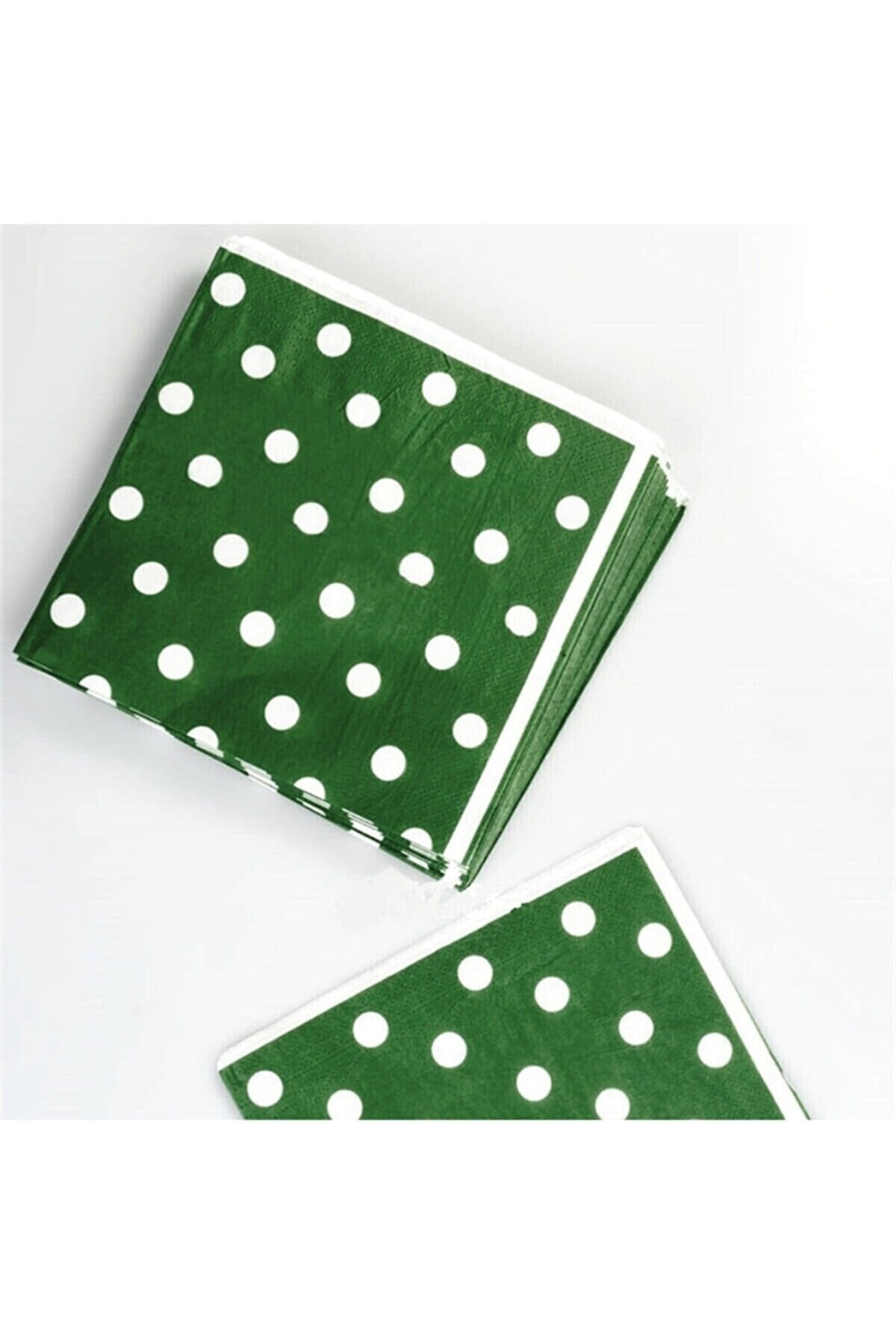 16 Adet Yeşil Üstüne Beyaz Renkli Puantiyeli Peçete Noktacık Daire Doğum Günü Parti Konsept 16x16 Cm