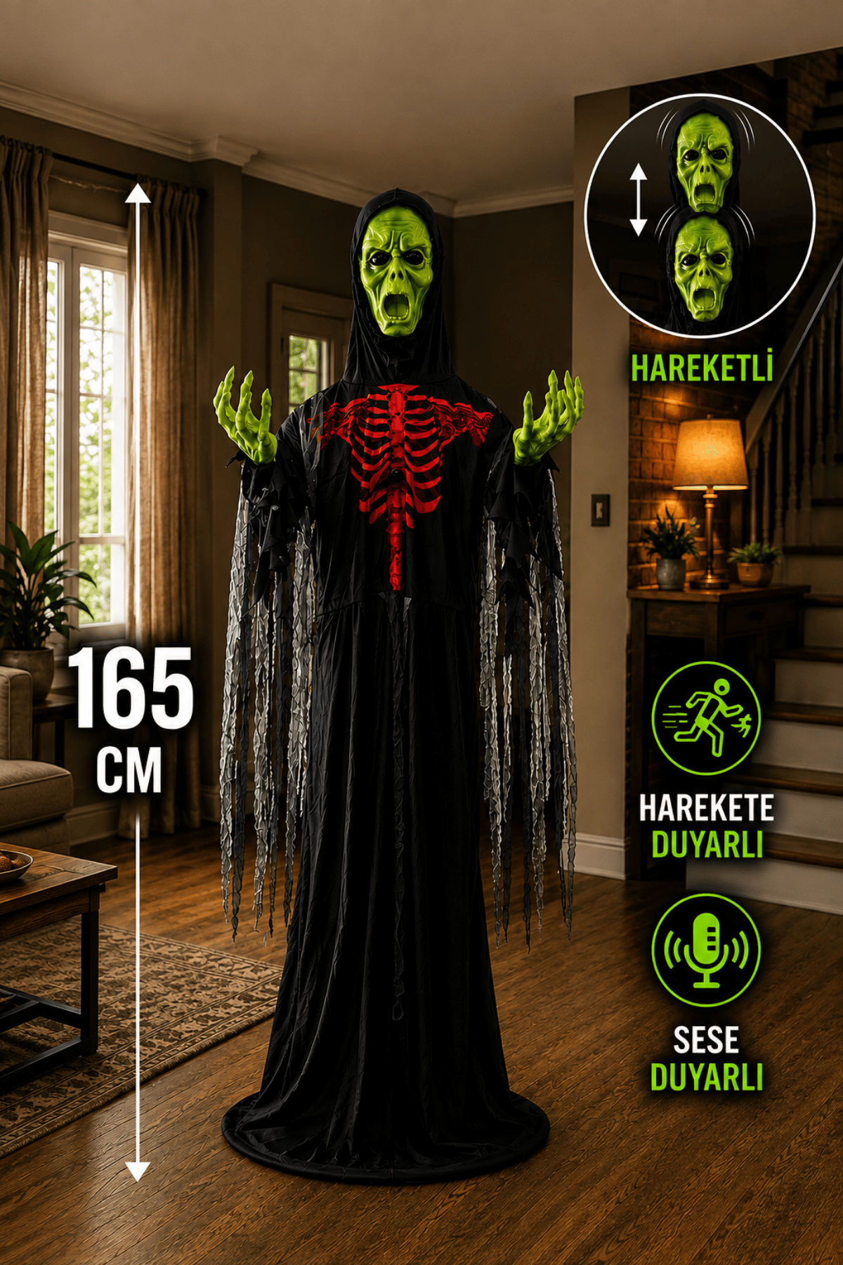 165 cm Sese Harekete Duyarlı Cadı Konuşan Korku Figürü Cadılar Bayramı Halloween Dekor Süsü