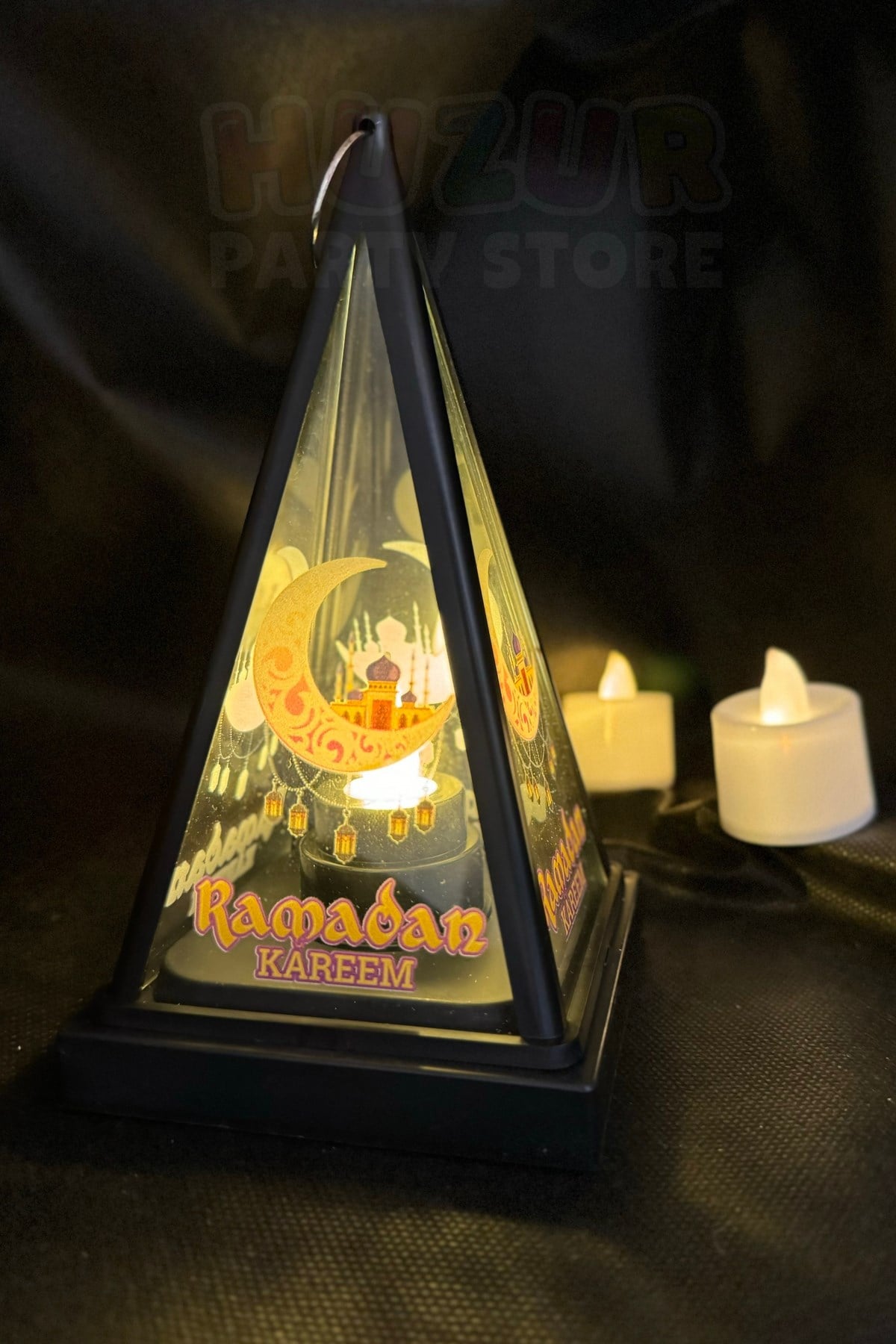 17x9 Cm Siyah Piramit Fener Günışığı Sarı Işıklı Ramazan Bayramı Ramadan Kareem Dekoratif Kandil