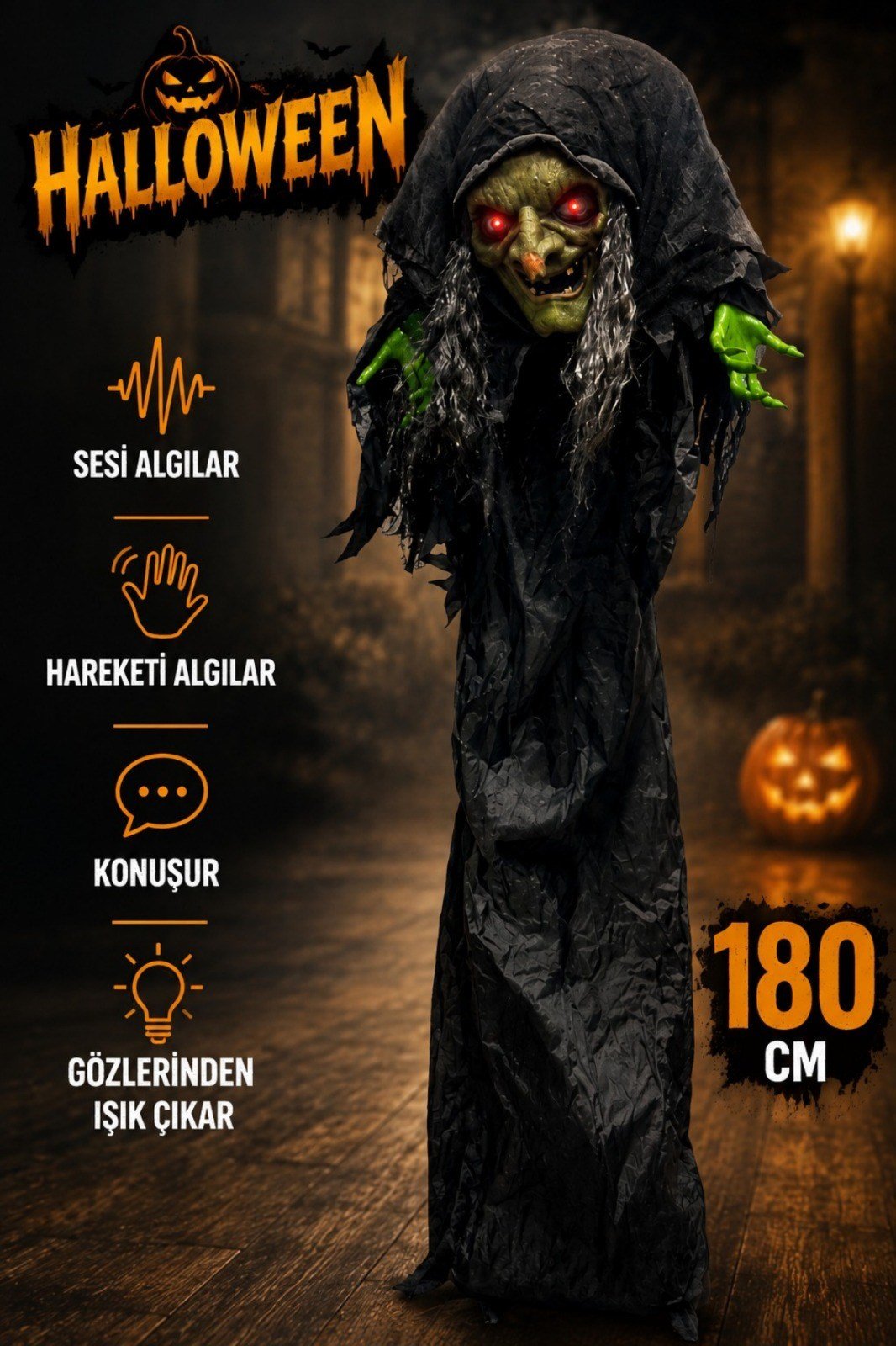 180 Cm Konuşan Işıklı Dev Cadı Dekor Sese ve Harekete Duyarlı Halloween Partisi Cadılar Bayramı