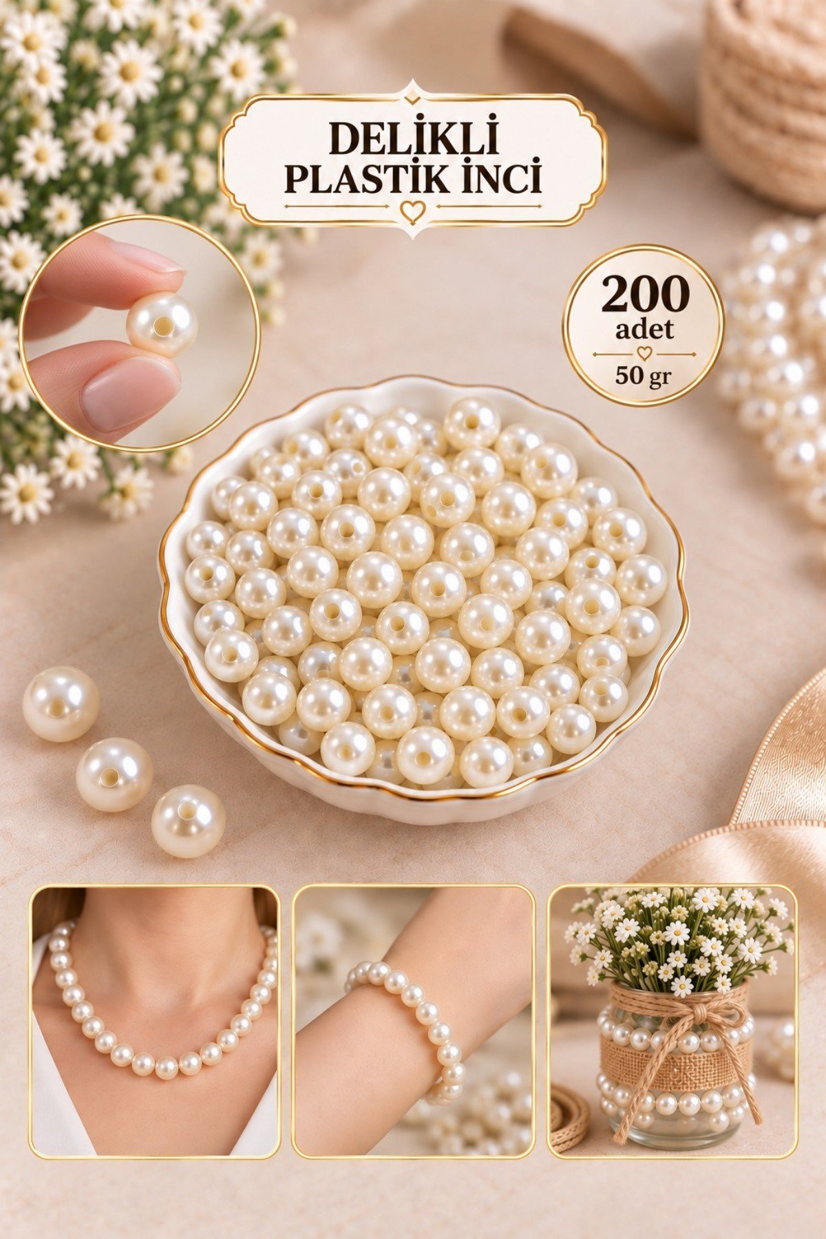 200 Adet 8 mm Delikli Plastik İnci Krem Parlak Boncuk 50 Gr Takı Tasarım Bijüteri Aksesuar Malzemesi