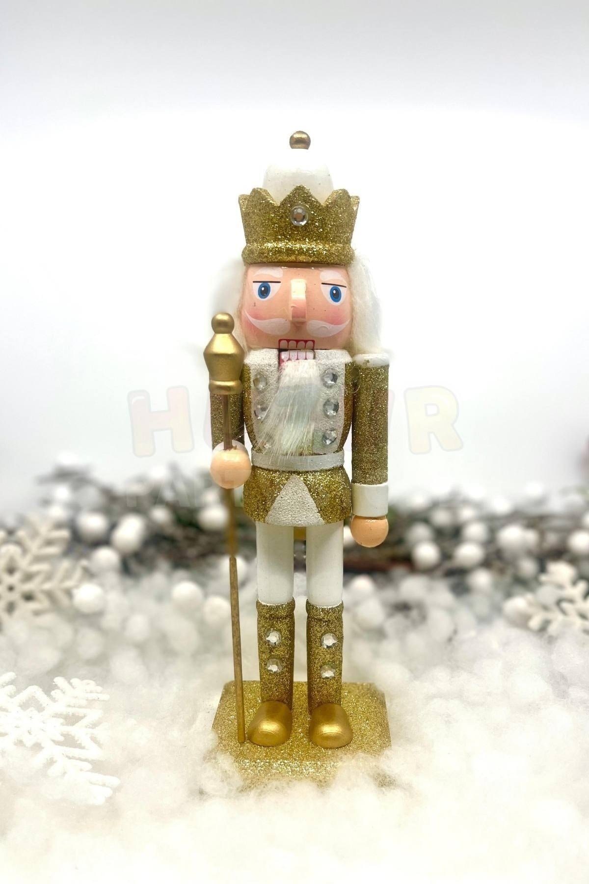 25 Cm Mızraklı Fındıkkıran Gold Beyaz Renkli Kurşun Asker Simli Nutcracker Yılbaşı Yeni Yıl Dekoru