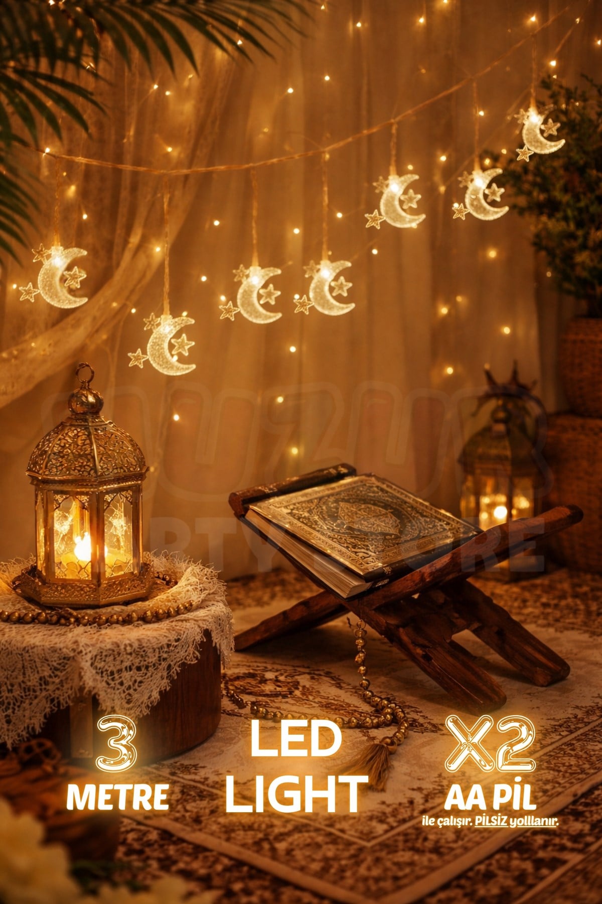 3 Yıldız 1 Hilal Ay Figürlü Led Işık 3 Metre Hoşgeldin Ramazan Bayramı 20 Ledli Günışığı Pilli Süs