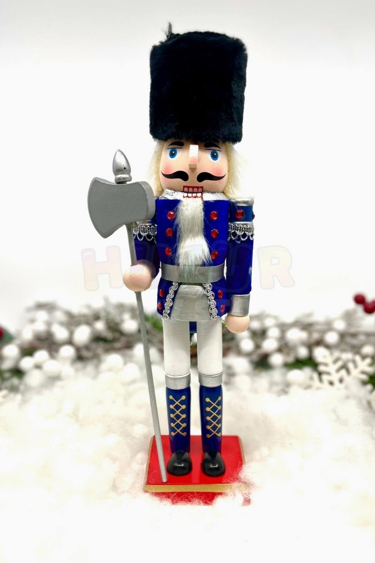 30 Cm Baltalı Fındıkkıran Lacivert Renkli Kurşun Asker Kadife Kıyafetli Nutcracker Yılbaşı Dekoru