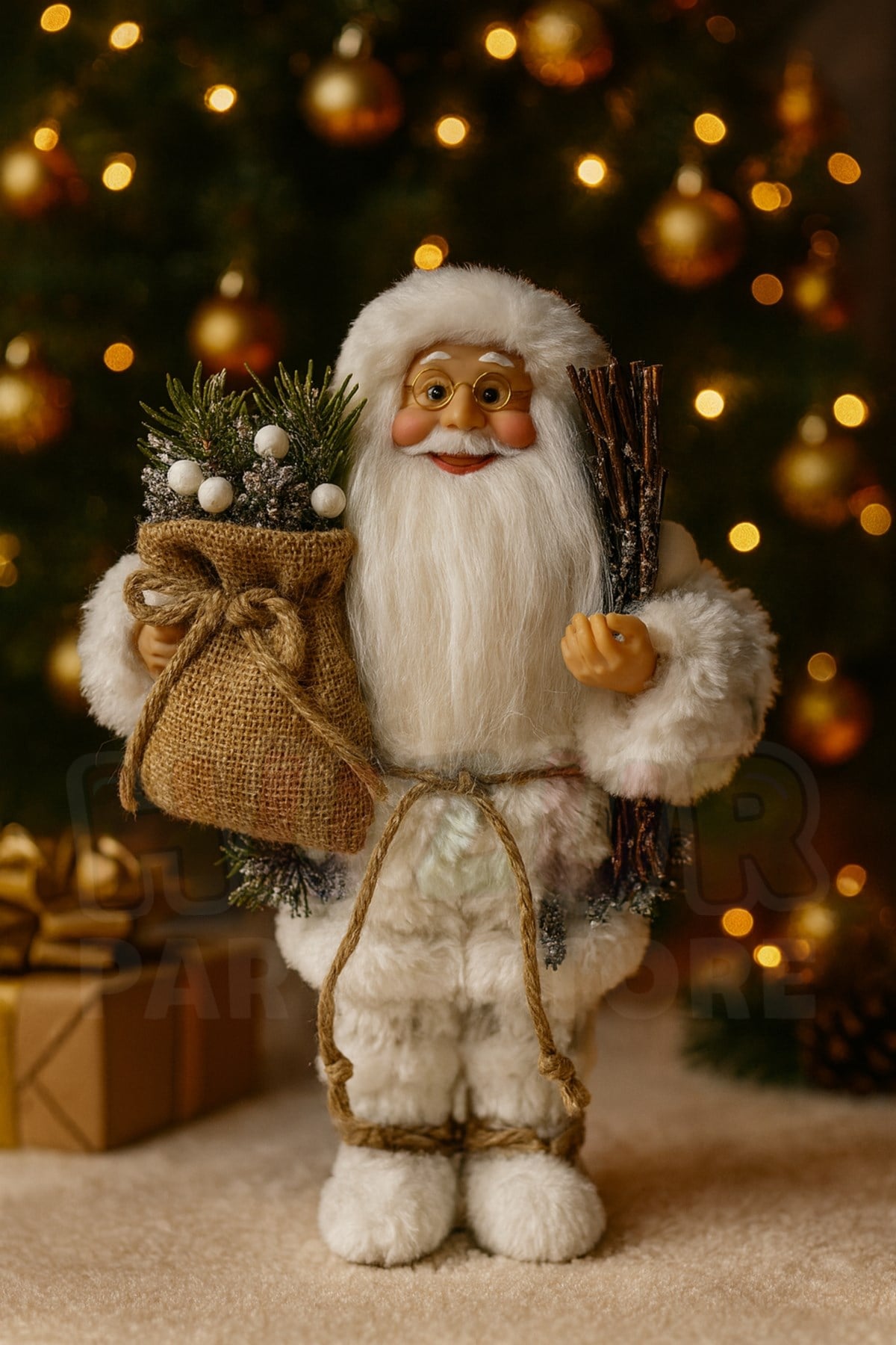 30 cm Beyaz Noel Baba Figürü Çuval ve Çam Dalı Detay Yılbaşı Yeni Yıl Ağaç Dekorasyon Hediyelik Süs