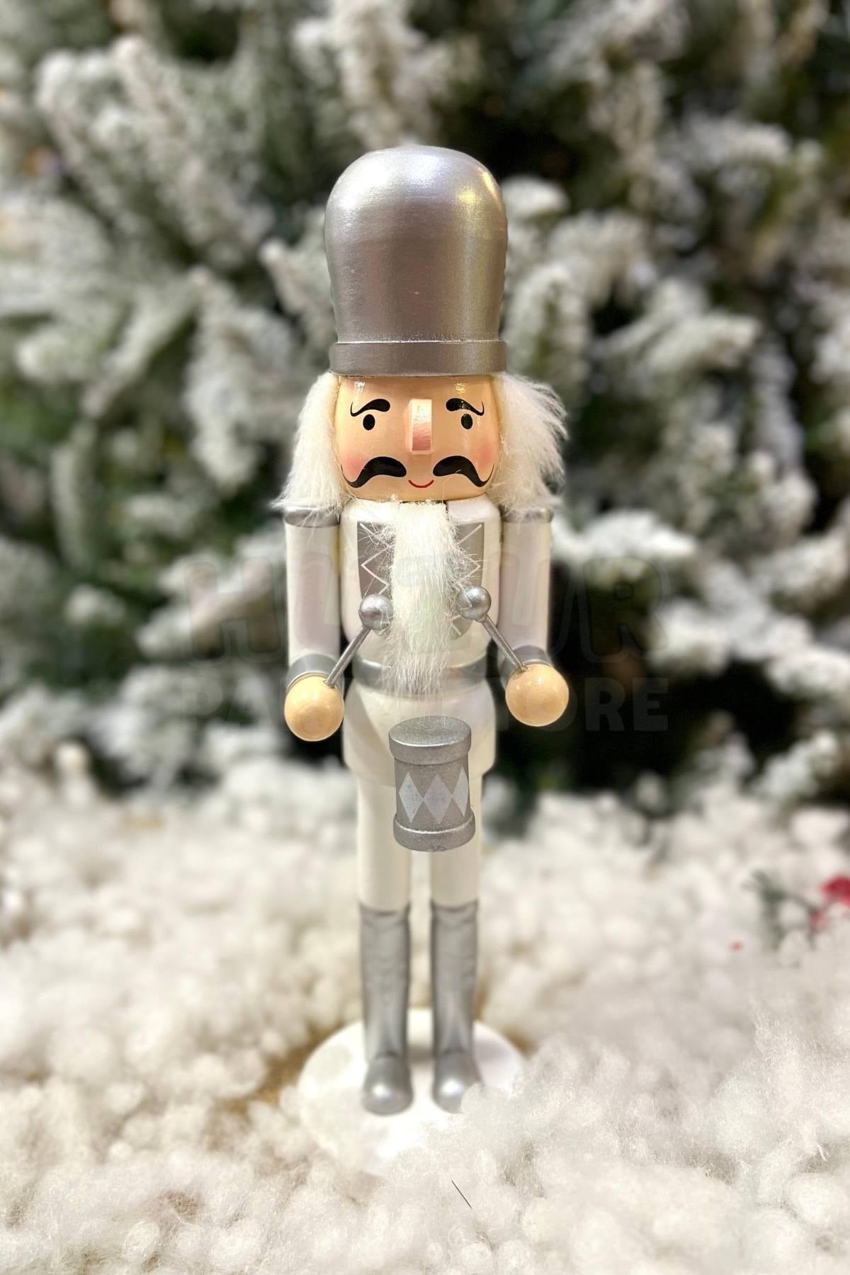 30 Cm Davullu Fındıkkıran Gümüş Gri Beyaz Renkli Kurşun Asker Nutcracker Yılbaşı Yeni Yıl Dekoru