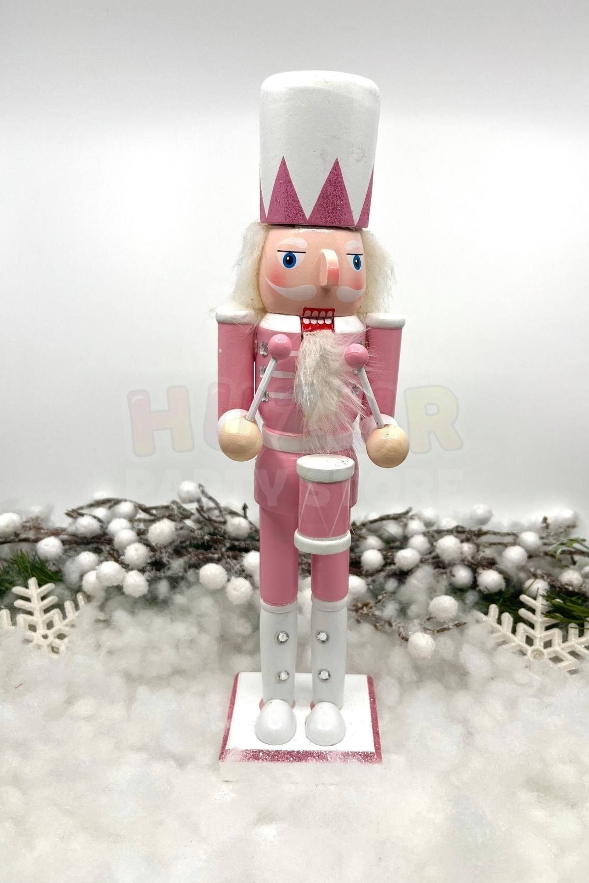 30 Cm Davullu Fındıkkıran Pembe Renkli Kurşun Asker Simli Nutcracker Yeni Yıl Yılbaşı Dekoru