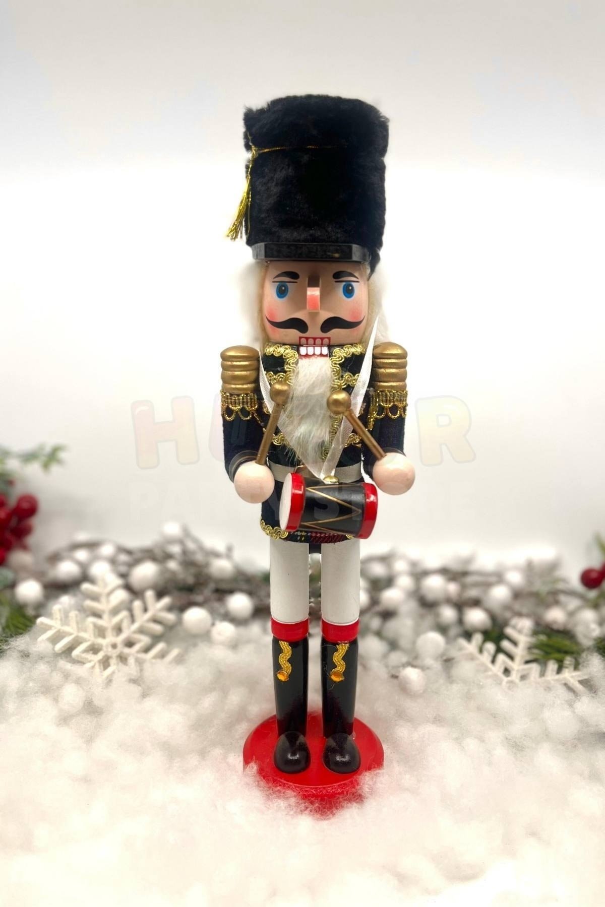 30 Cm Davullu Fındıkkıran Siyah Renkli Kurşun Asker Kadife Kıyafetli Nutcracker Yılbaşı Dekoru