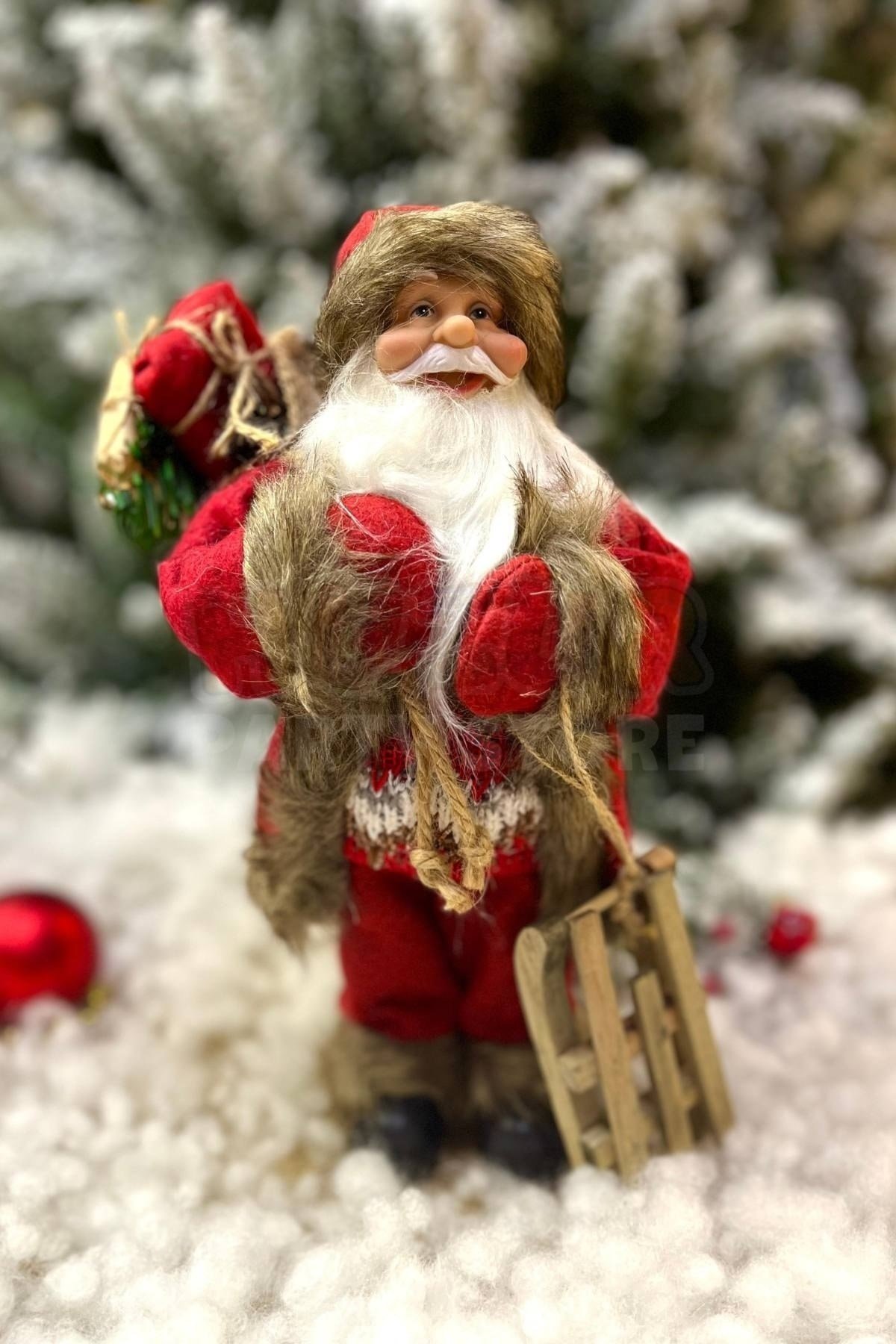 30 Cm Dekoratif Kızaklı Noel Baba Kırmızı Renkli Ayakta Durabilen Yeni Yıl Yılbaşı Süsü Dekoru