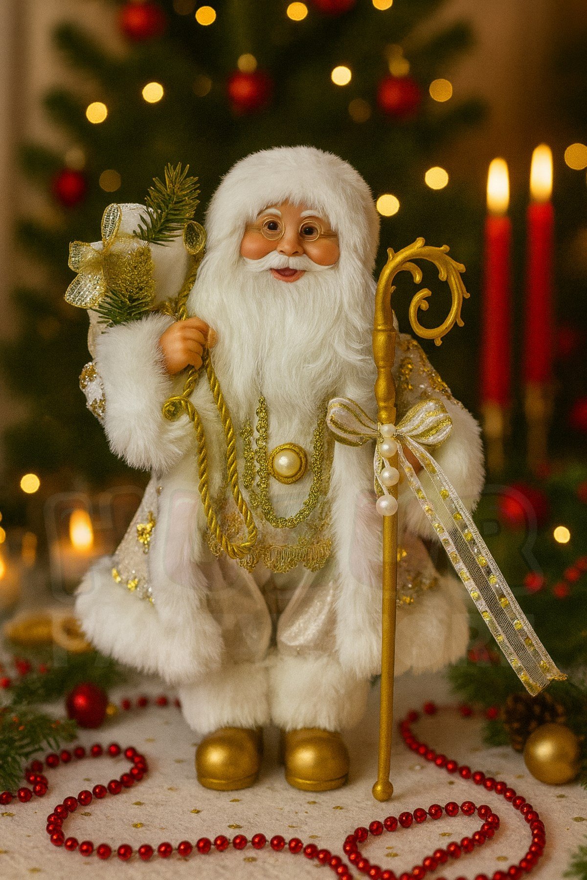 30 cm Gold Noel Baba Figürü Asa ve Hediye Çuvalı Detaylı Yılbaşı Yeni Yıl Ağaç Dekorasyon Hediyelik