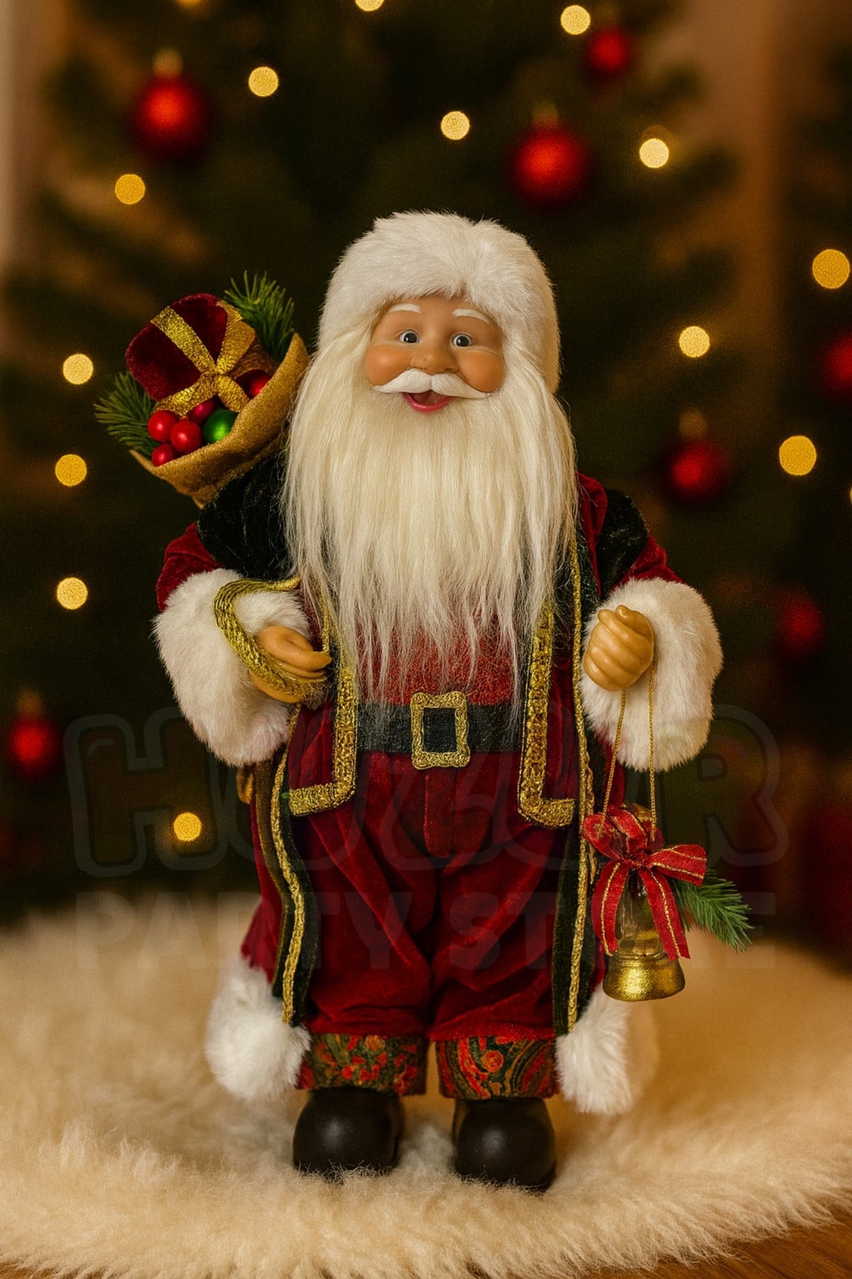 30 cm Kırmızı Noel Baba Figürü Hediye Çuvalı ve Fener Detaylı Yılbaşı Ağacı Dekoratif Masaüstü Süs
