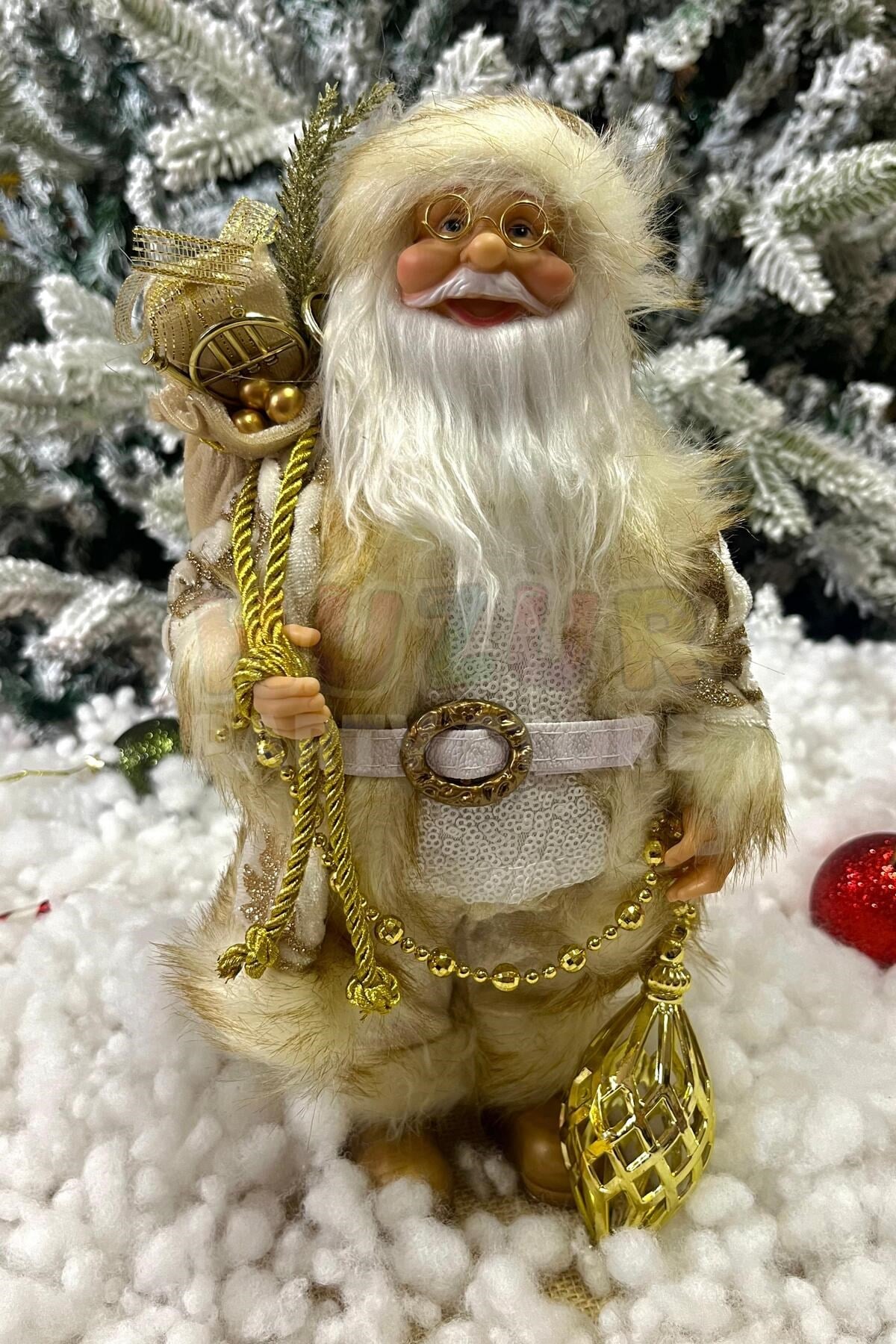 30 Cm Noel Baba Gold Beyaz Renk Dekoratif Kürklü Ayakta Durabilen Yeni Yıl Yılbaşı Süsü Dekoru