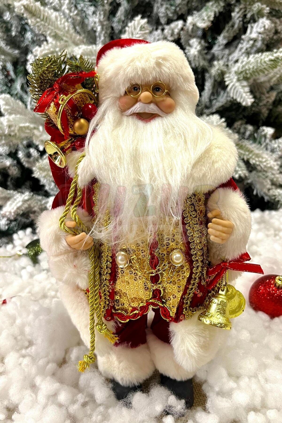 30 Cm Noel Baba Kırmızı Gold Renk Dekoratif Kürklü Ayakta Durabilen Yeni Yıl Yılbaşı Süsü Dekor