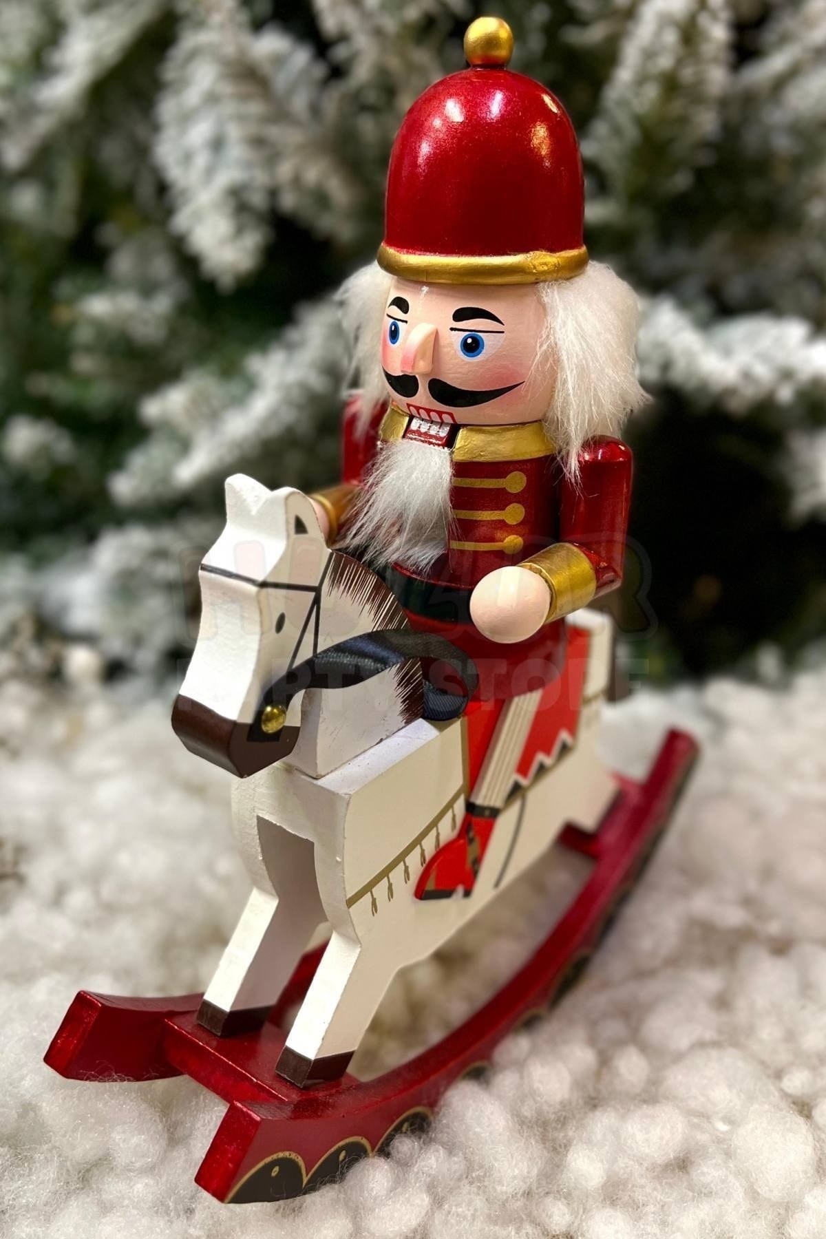 32 Cm Atlı Fındıkkıran Kırmızı Gold Renkli Ahşap Kurşun Asker Nutcracker Yılbaşı Yeni Yıl Dekoru