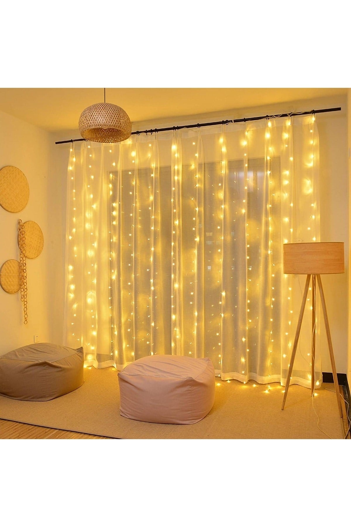 3x3 Metre Ramazan Bayramı Işığı Loş Sarı Peri Perde Led Usb Girişli Kumandalı 8 Fonksiyonlu Işık
