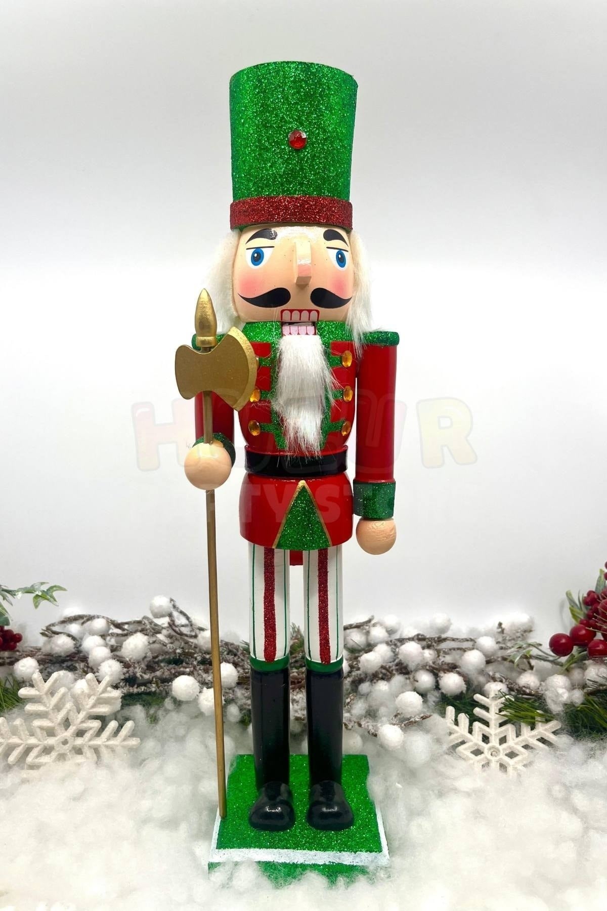 40 Cm Baltalı Fındıkkıran Yeşil Kırmızı Renkli Kurşun Asker Simli Nutcracker Yeni Yıl Yılbaşı Dekoru