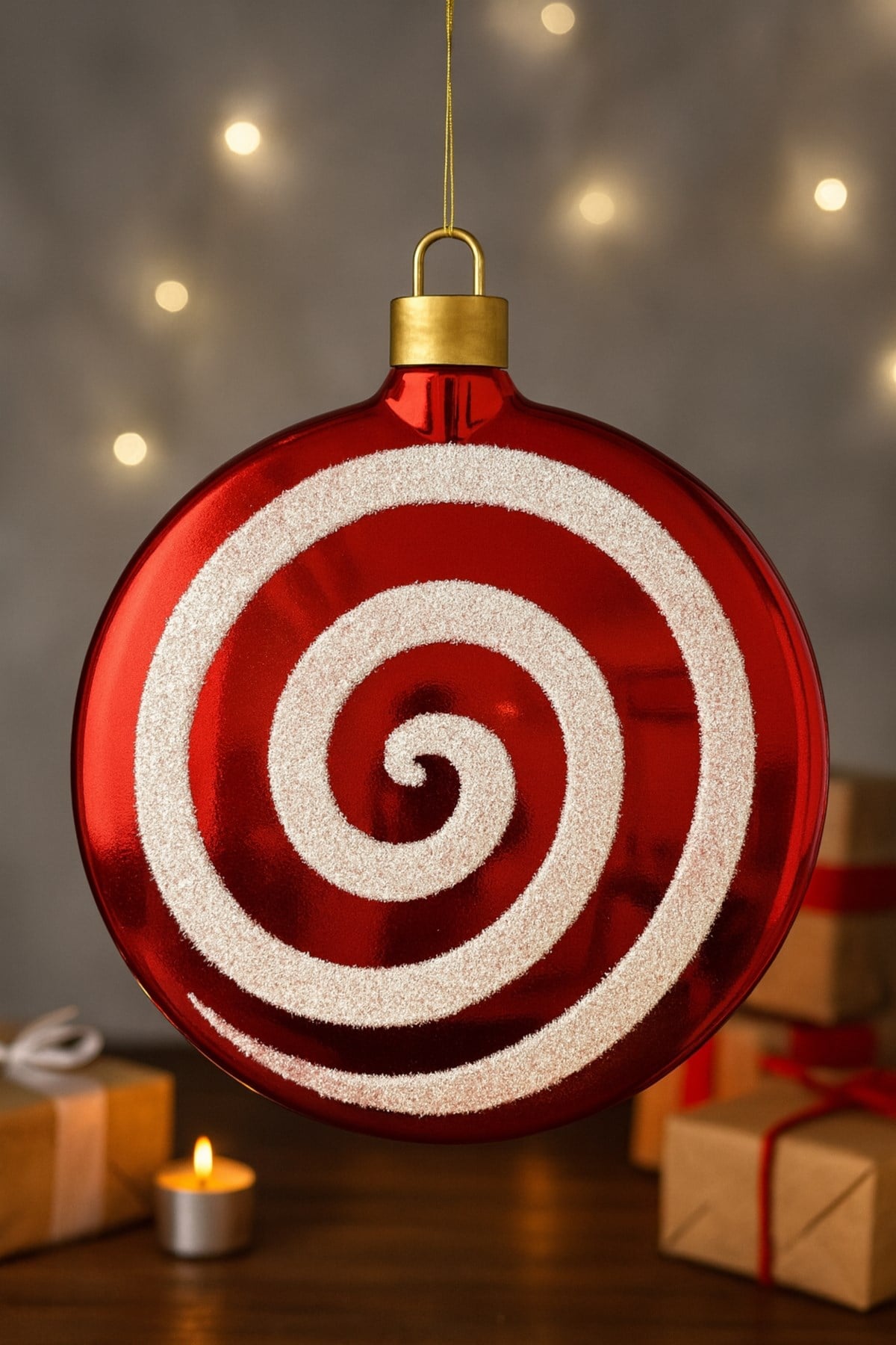 40 Cm Dev Kırmızı Beyaz Şeker Parlak Spiral Desenli Yılbaşı Süsü Lüks Büyük Çam Ağacı Ev Parti Dekor