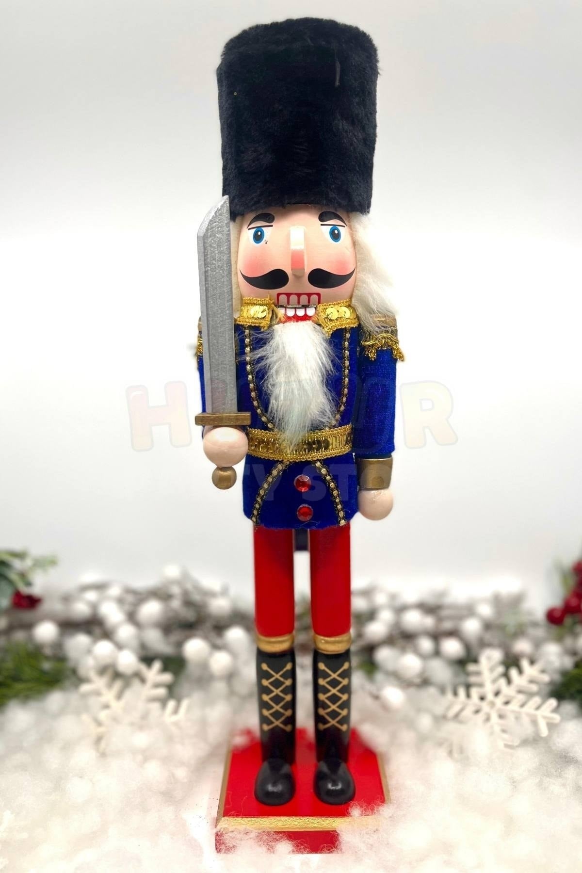 40 Cm Kılıçlı Fındıkkıran Lacivert Renkli Kurşun Asker Siyah Kavuklu Nutcracker Yılbaşı Dekoru