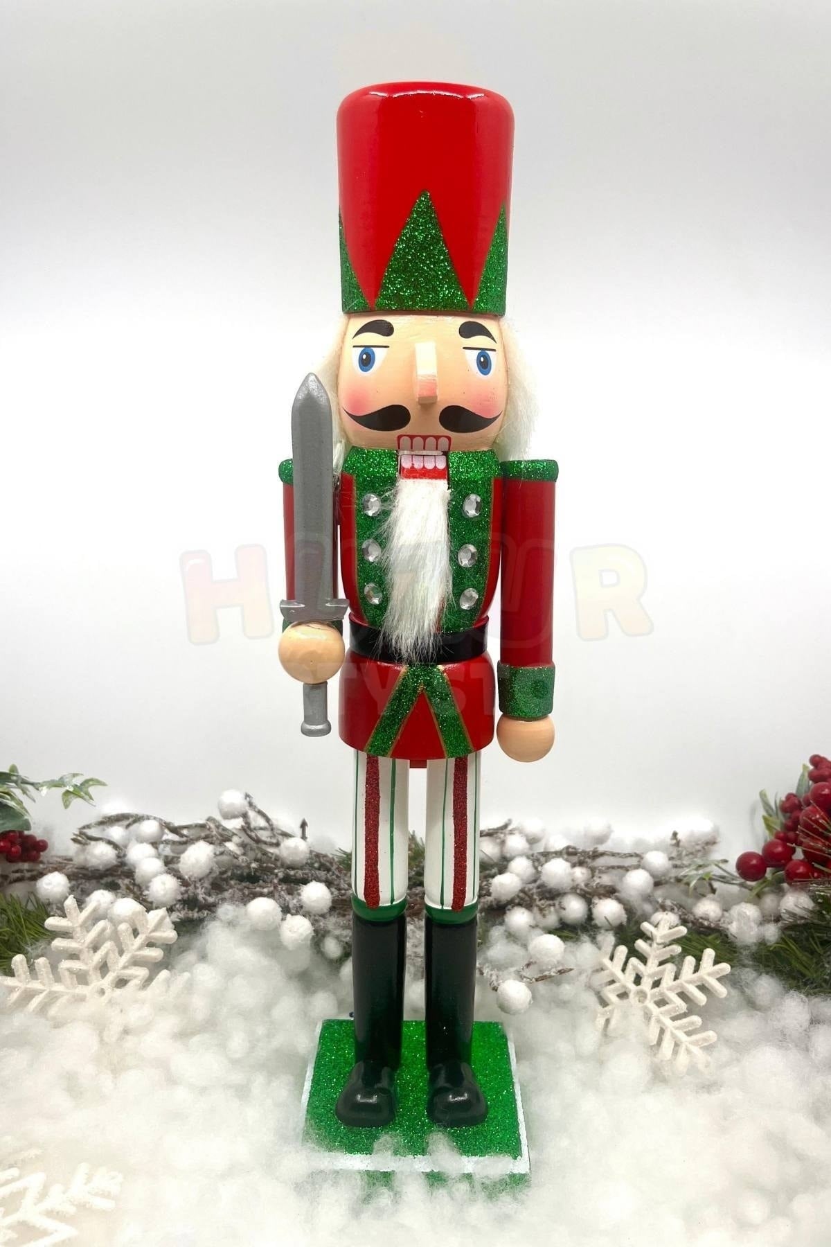 40 Cm Kılıçlı Fındıkkıran Yeşil Kırmızı Renkli Kurşun Asker Simli Nutcracker Yeni Yıl Yılbaşı Dekoru