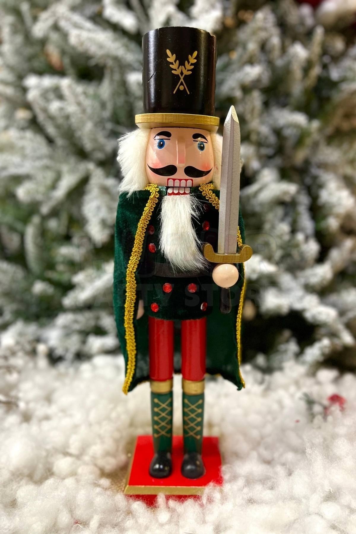 40 Cm Kılıçlı Fındıkkıran Yeşil Pelerinli Kıyafetli Kurşun Asker Nutcracker Yılbaşı Yeni Yıl Dekoru