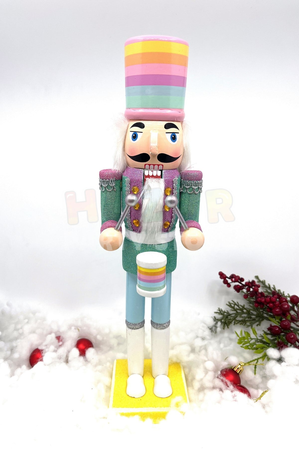 40 Cm Makaron Renkli Fındıkkıran Davullu Kurşun Asker Orijinal El Yapımı Pastel Tahta Ahşap Adam