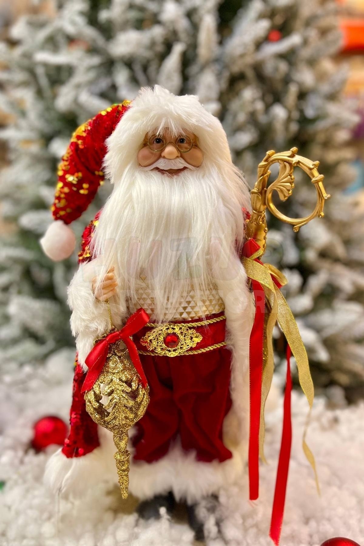 45 Cm Dekoratif Lüx Noel Baba Kırmızı Beyaz Kürklü Ayakta Durabilen Yeni Yıl Yılbaşı Süsü Dekoru