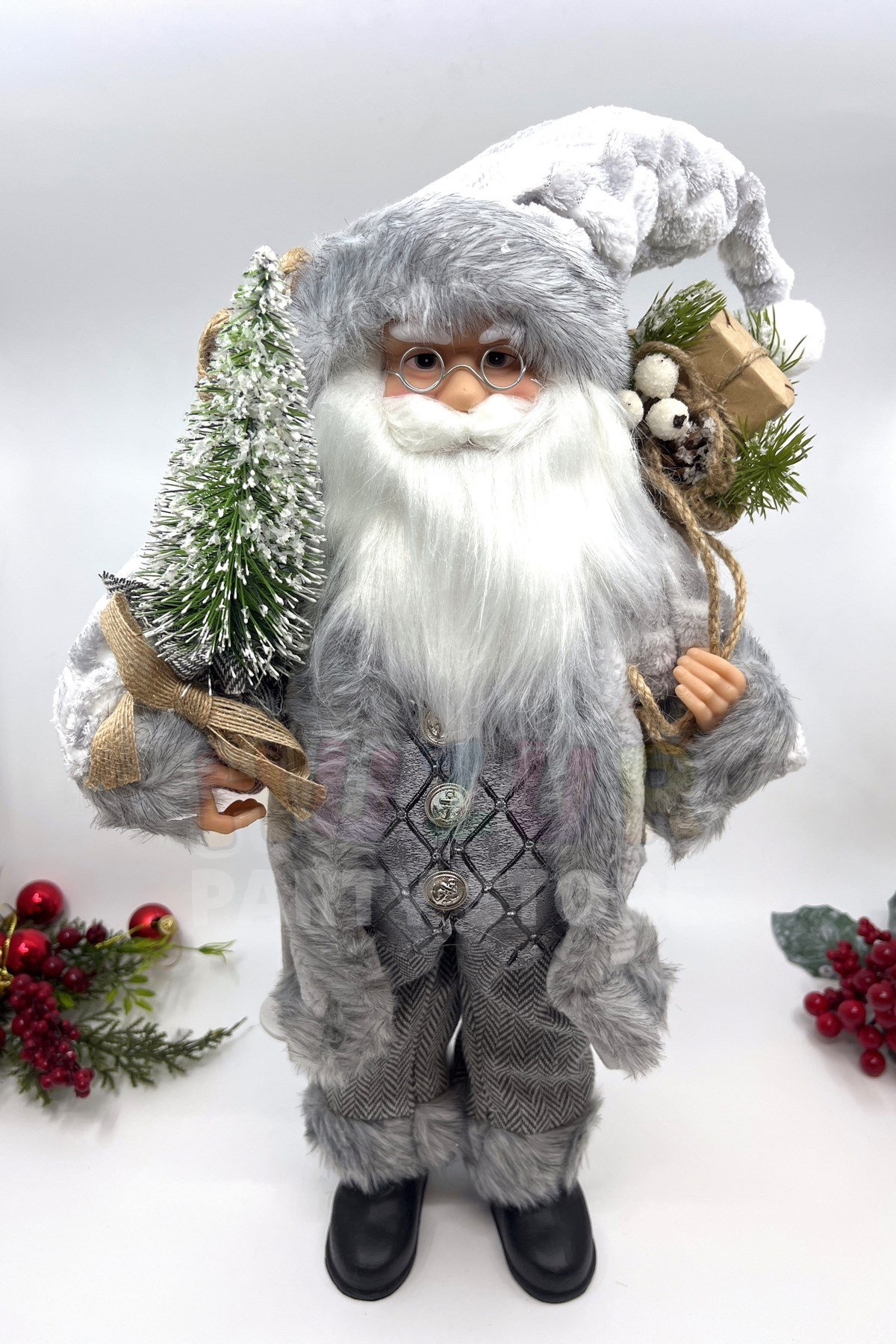 45 Cm Lüx Noel Baba Büyük Boy Gümüş Kürklü Ağaç Ve Bohçalı Ayakta Durabilen Yeni Yıl Yılbaşı Süsü