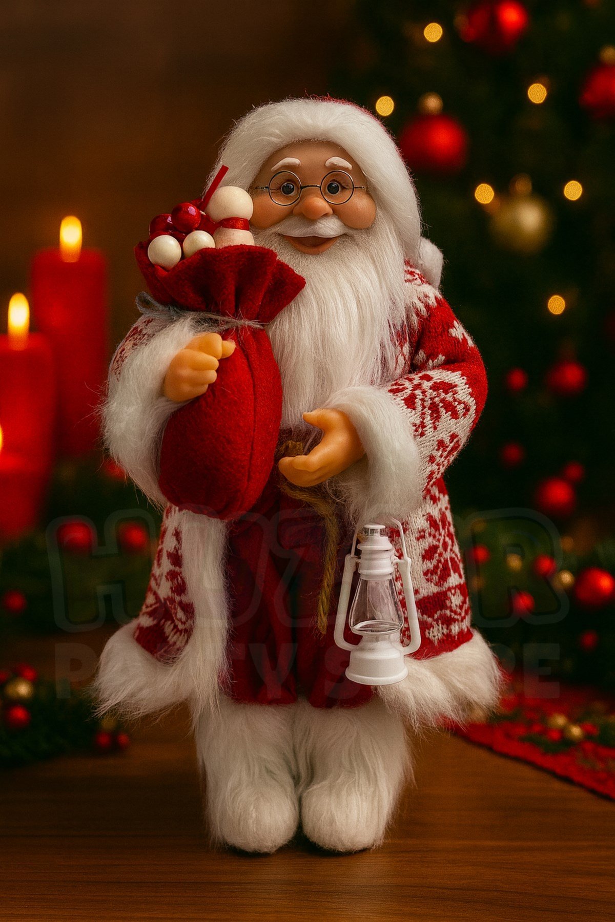 45 cm Noel Baba Figürü Kar Desenli Kıyafet Hediye Çuvalı ve Beyaz Fenerli Yılbaşı Ağacı Dekor Süs
