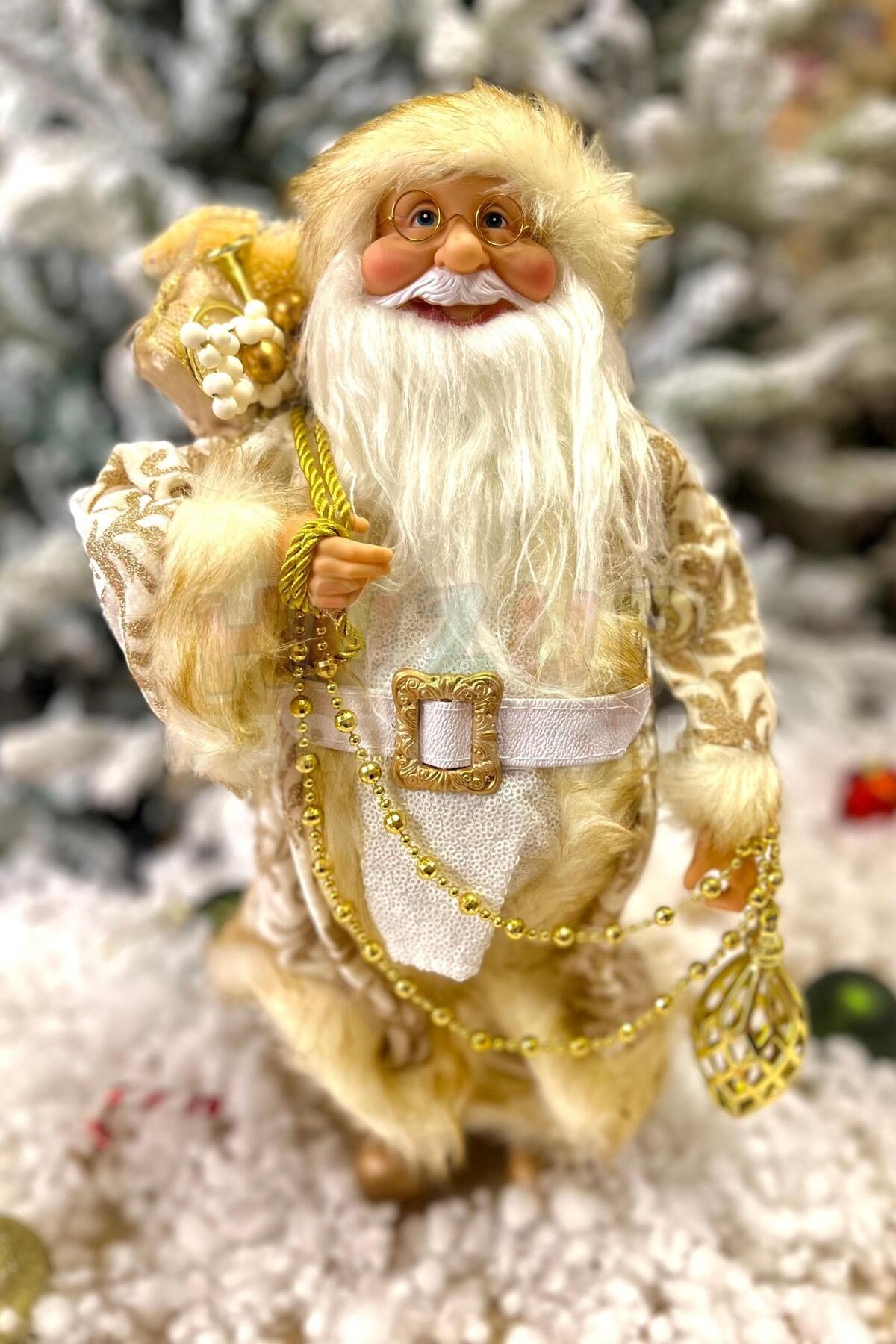 45 Cm Noel Baba Gold Beyaz Renk Dekoratif Kürklü Ayakta Durabilen Yeni Yıl Yılbaşı Süsü Dekor