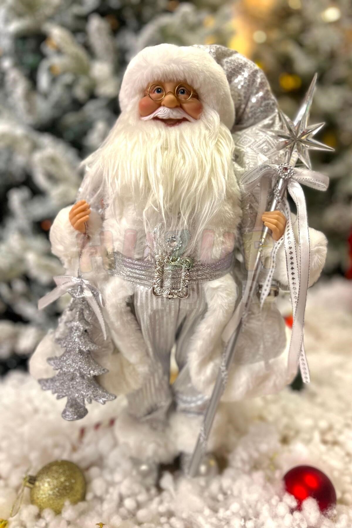45 Cm Noel Baba Gümüş Renk Dekoratif Lüx Kürklü Asalı Ayakta Durabilen Yeni Yıl Yılbaşı Süs Dekoru