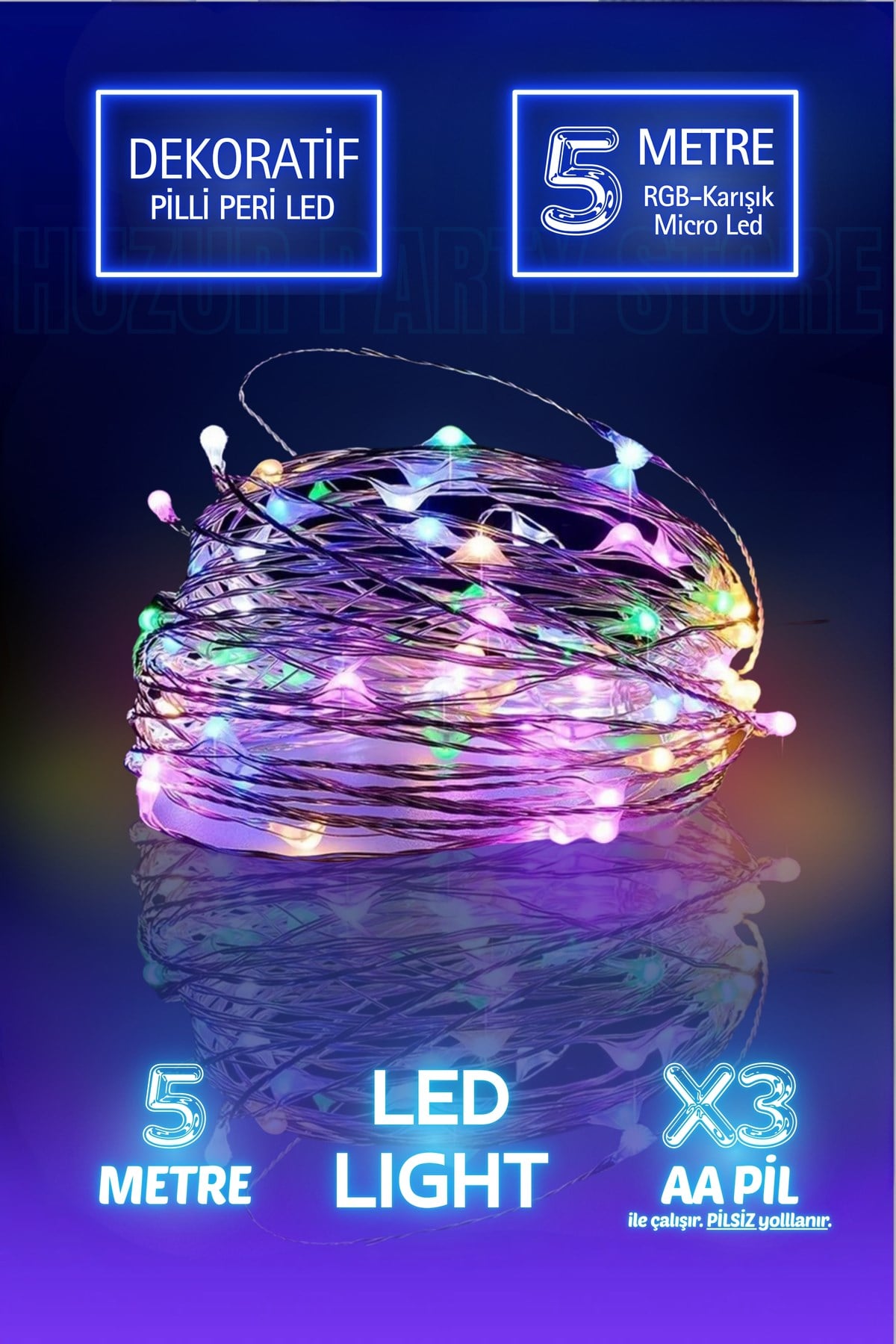 5 Metre Karışık Renkli Ramazan Bayramı Işığı Süsü Peri Led Işık Dekoratif Pilli 3 Fonksiyonlu Lamba