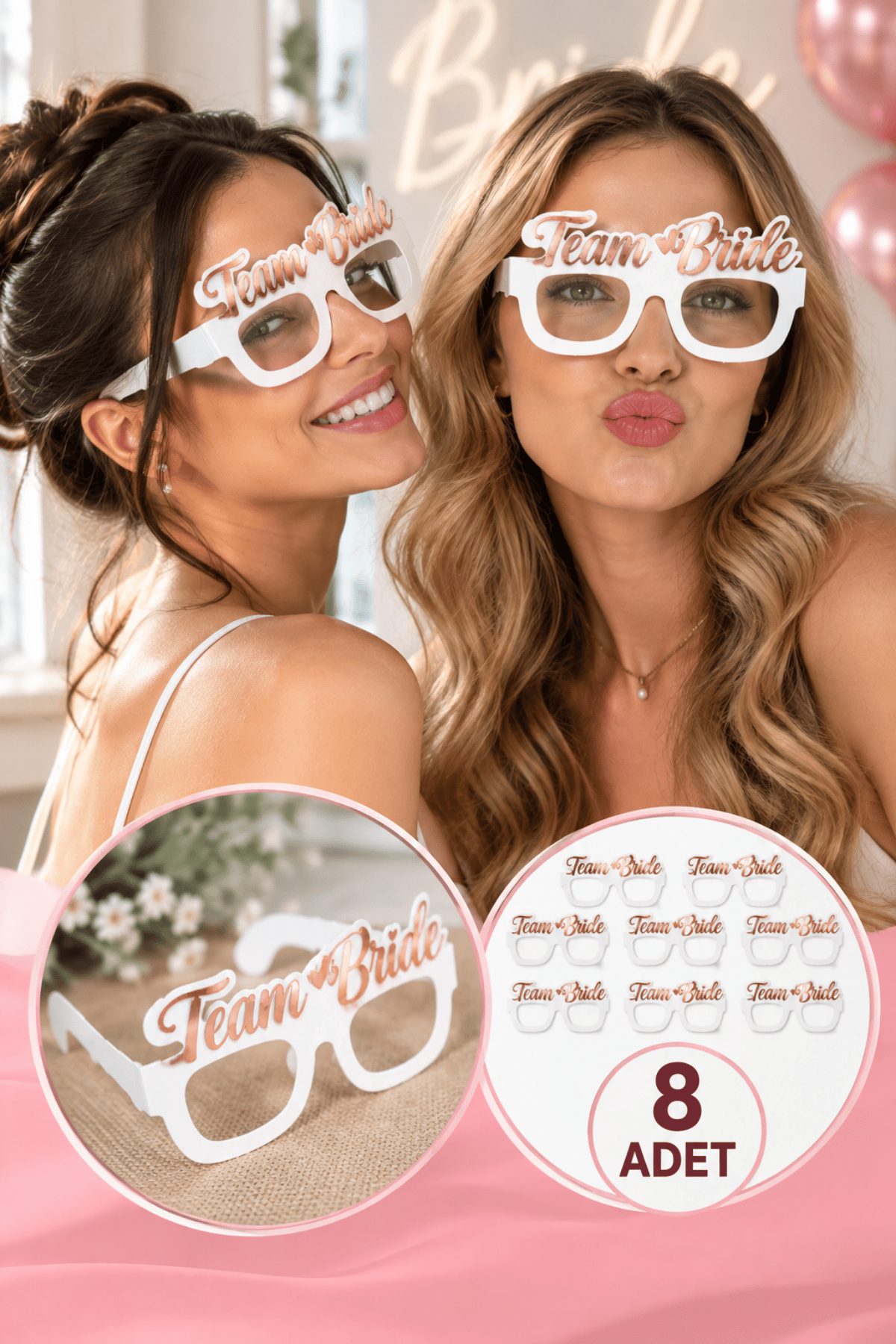 8 Adet Bride Konsepti Gözlük Rose Gold Renk Team Bride Yazılı Beyaz Bekarlığa Veda Partisi Gözlüğü