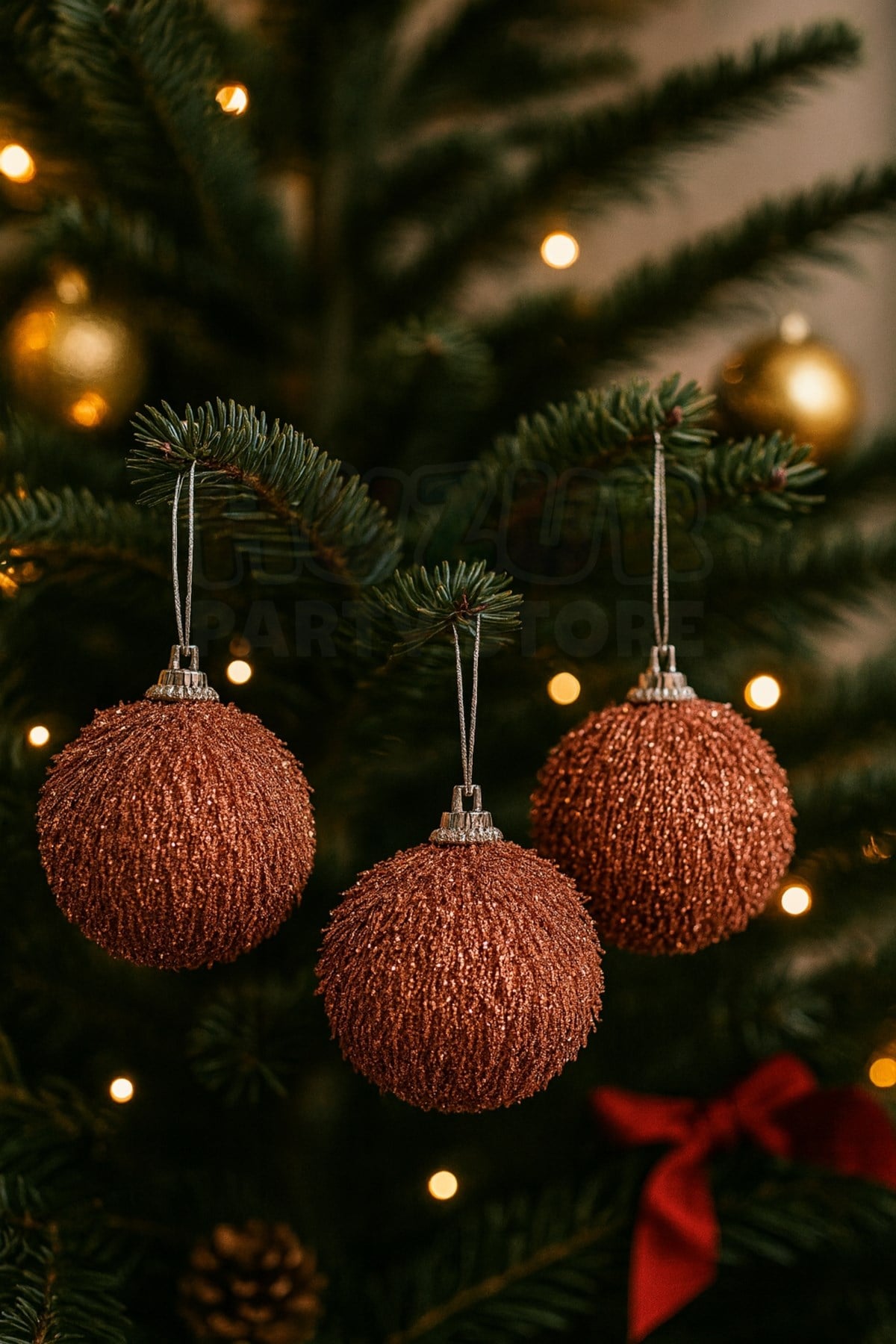 8 Cm 3’lü Püsküllü Rose Gold Renk Top Yılbaşı Çam Ağacı Süsü Simli Işıltılı Lüks Yeni Yıl Ağaç Topu