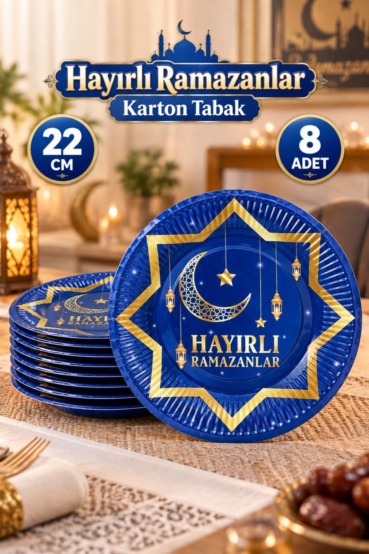 8 Li Ramazan Bayramı Karton Tabak Hayırlı Ramazanlar Baskılı 22 Cm Lacivert Konsept Dini Islami Süsü