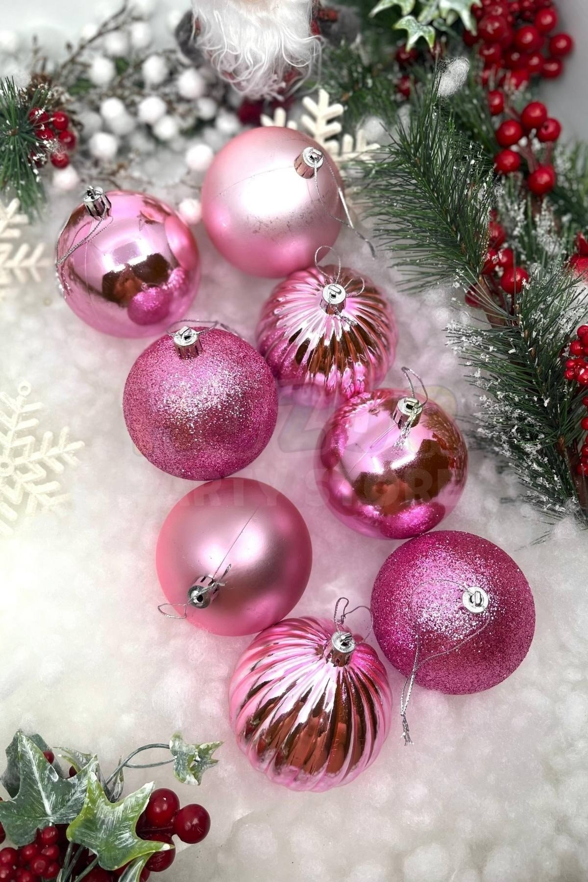 8'li Pembe Renkli Cici Top 8 Cm Simli Mat Parlak Kabartmalı Yılbaşı Yeni Yıl Çam Ağacı Kutulu Süs