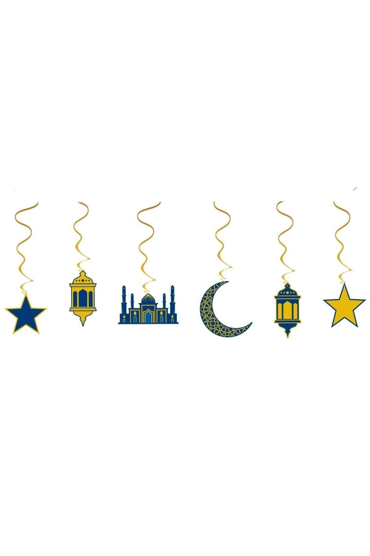 Altın Yaldızlı Ramazan Tavan Sarkıt Süsü 6lı Mahya Hilal Cami Lacivert Konsept Dini Bayram Süsü