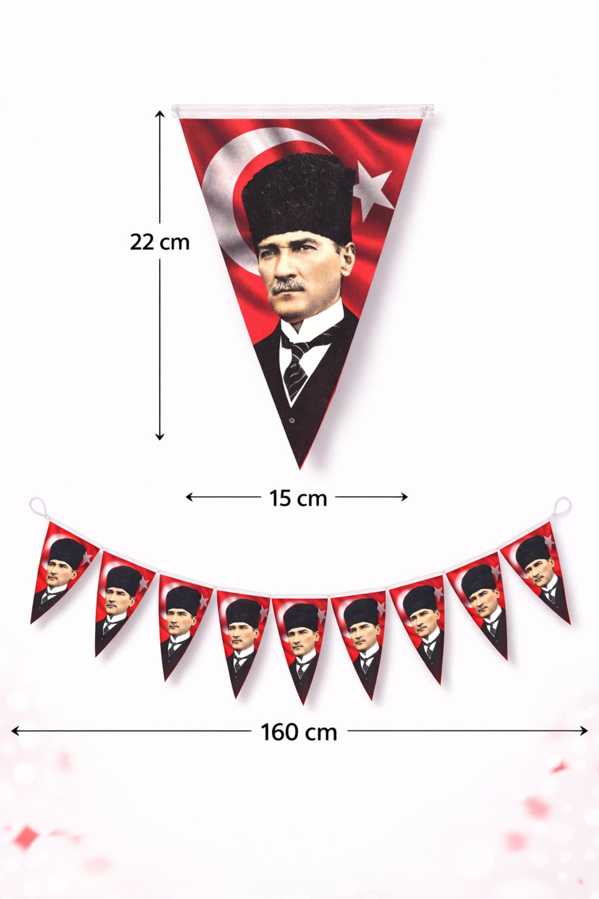 Atatürk Baskılı Flama Kendinden Ipe Dizili Ipli Kağıt Ay Yıldız Şerit Bayrak 160x22cm 10 Parça